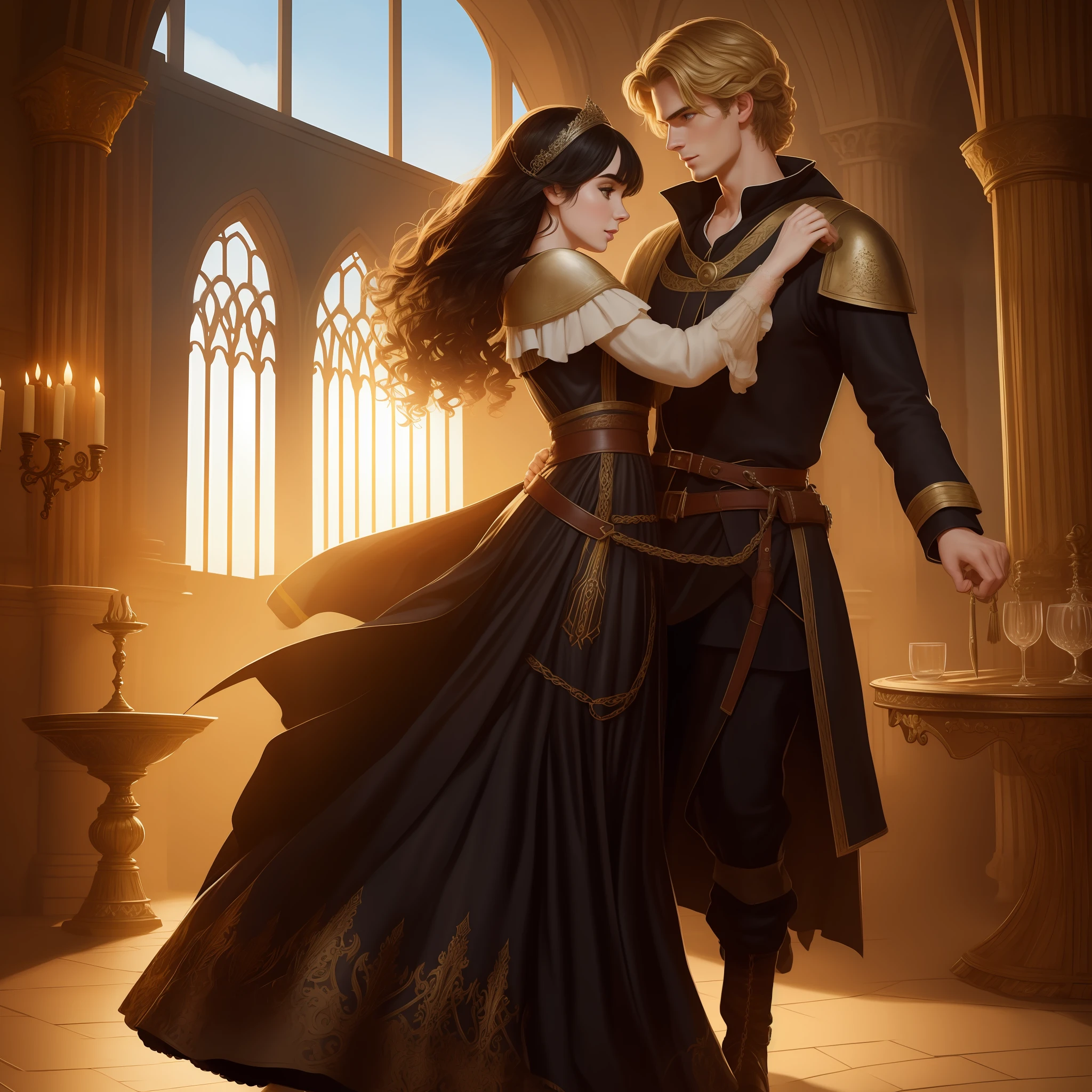 Lily Collins, who has curly black hair, wears a medieval dress. the Neels Visser wears a medieval military outfit and has blonde hair. The couple is waltzing in the ballroom. The illustration is like a book cover with a detailed, bright, illuminated, ultra detailed background, concept art, elegant, WLOP art