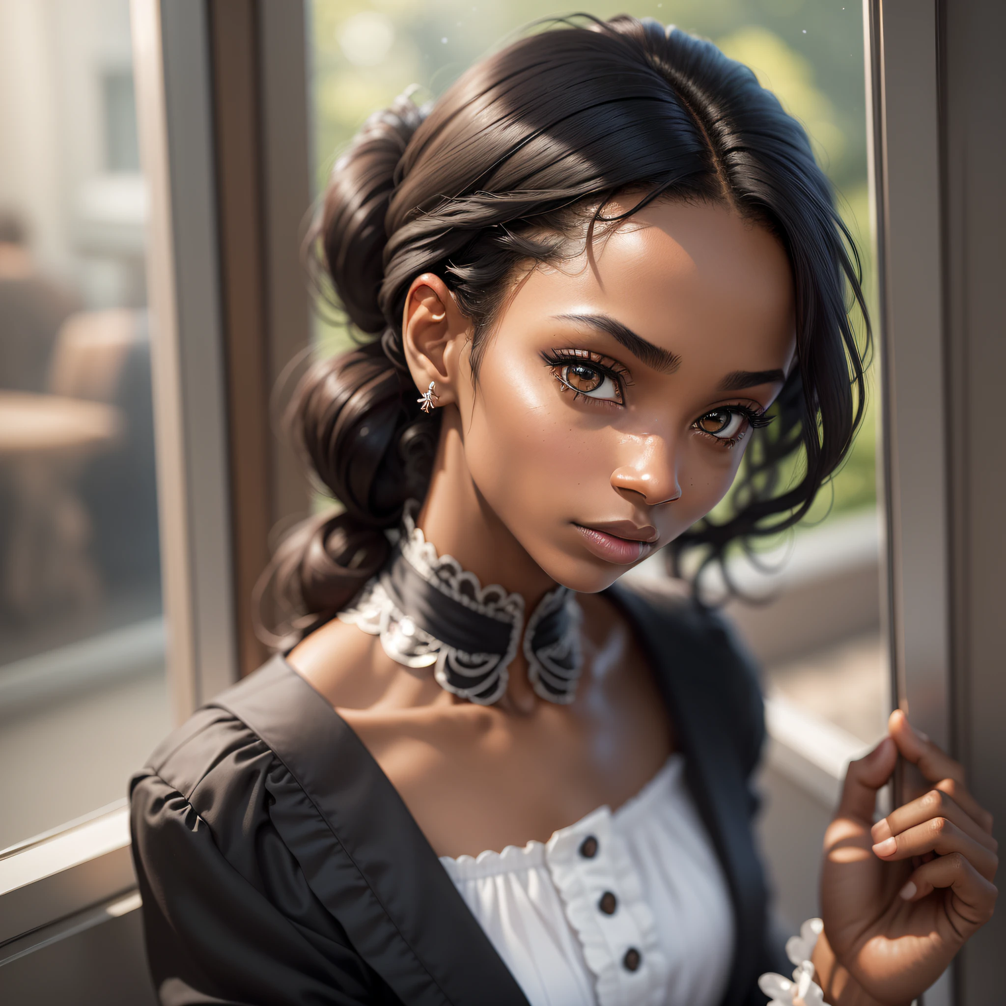 A ugly black woman from the 1700s, 18 century, 30 years old, brunette, adult, very thin, thin, dark black hair up, thin, browned eyes, high, wearing office clothes, wearing formal clothes such as a white social and black dress, polite, delicated, Looking at the landscape through the window missing someone, longing look, missing someone, (Best Quality), (Highly Detailed), (Motion Blur), (Chromatic Aberration), (Glowing Light), (God Rays), (Ray Tracing), (Reflection Light), (backlighting), (bloom), (close-up), (Sony FE), (dynamic angle: 1.2 ), (background detailed), ((Full Body Shot: 1)), (eyes detailed), (Sony FE GM), (UHD), (16k, high quality), (super detail), (high details), (HD), (Dramatic), (Mature), (Very thin) (Secretary), (afro appareance), (african body), (black people), (Mozambican: 2.0), (brunette), ((Thin)), ((well behaved)), (longing look), (missing someone), (prominent cheekbone), (hair up)