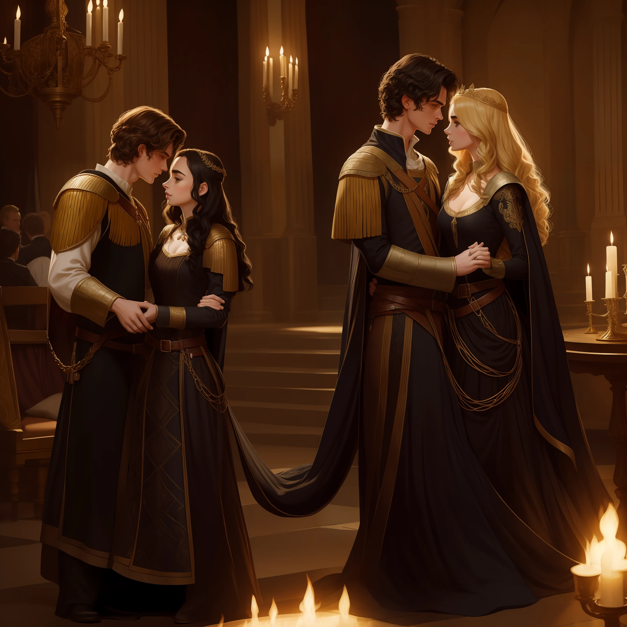 Lily Collins, who has curly black hair, wears a medieval dress. the Neels Visser wears a medieval military outfit and has blonde hair. The couple is waltzing in the ballroom. The illustration is like a book cover with a detailed, bright, illuminated, ultra detailed background, concept art, elegant, WLOP art