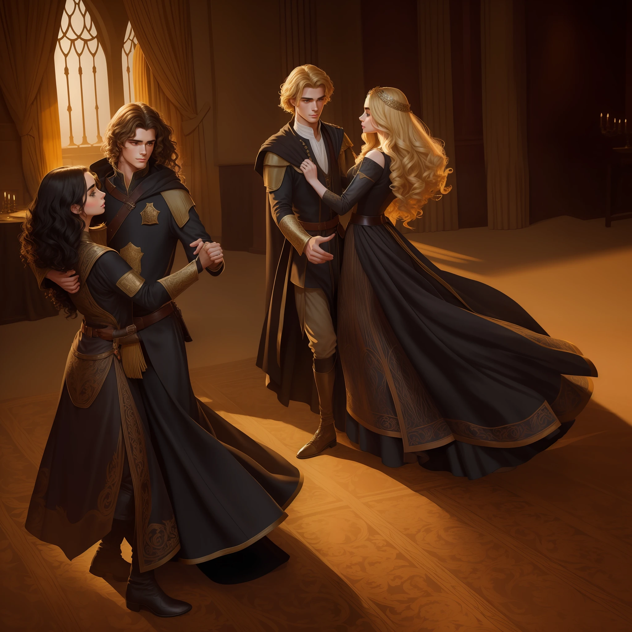 Lily Collins, who has curly black hair, wears a medieval dress. the Neels Visser wears a medieval military outfit and has blonde hair. The couple is waltzing in the ballroom. The illustration is like a book cover with a detailed, bright, illuminated, ultra detailed background, concept art, elegant, WLOP art