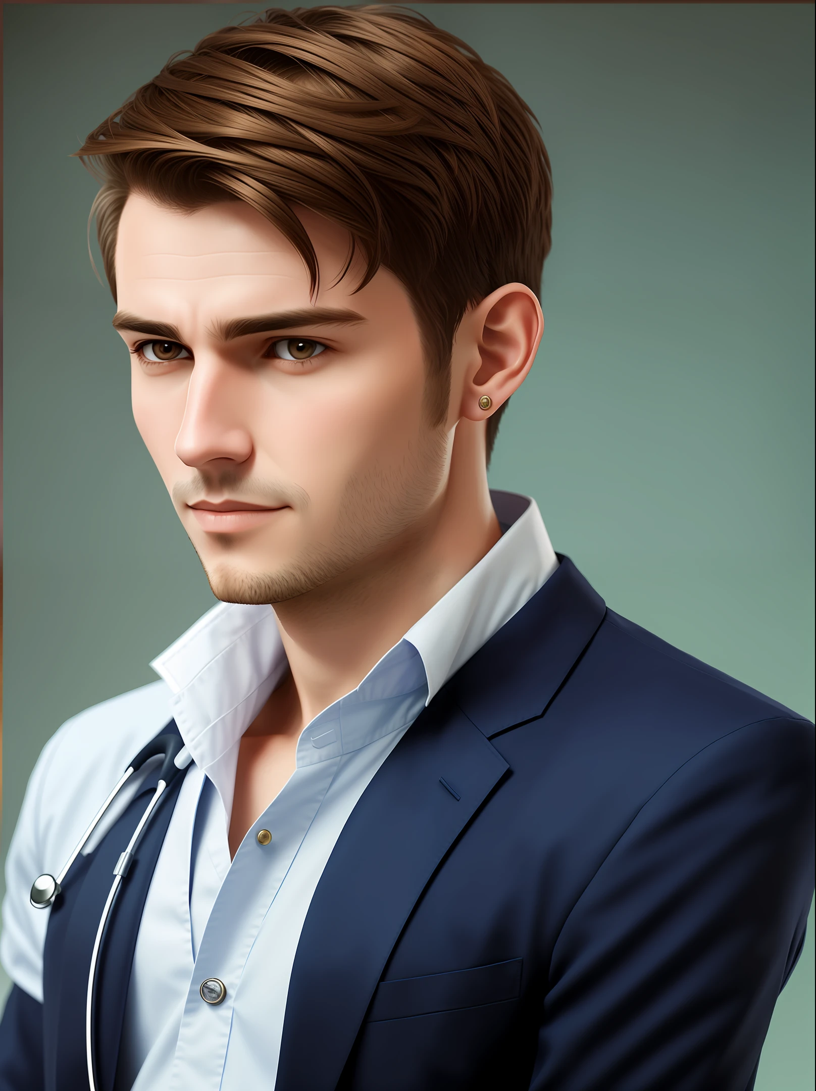 Portrait of a young man, middle-aged, doctor, pointy ears, fantasy, brown hair, portrait, square chin, pointed eyes