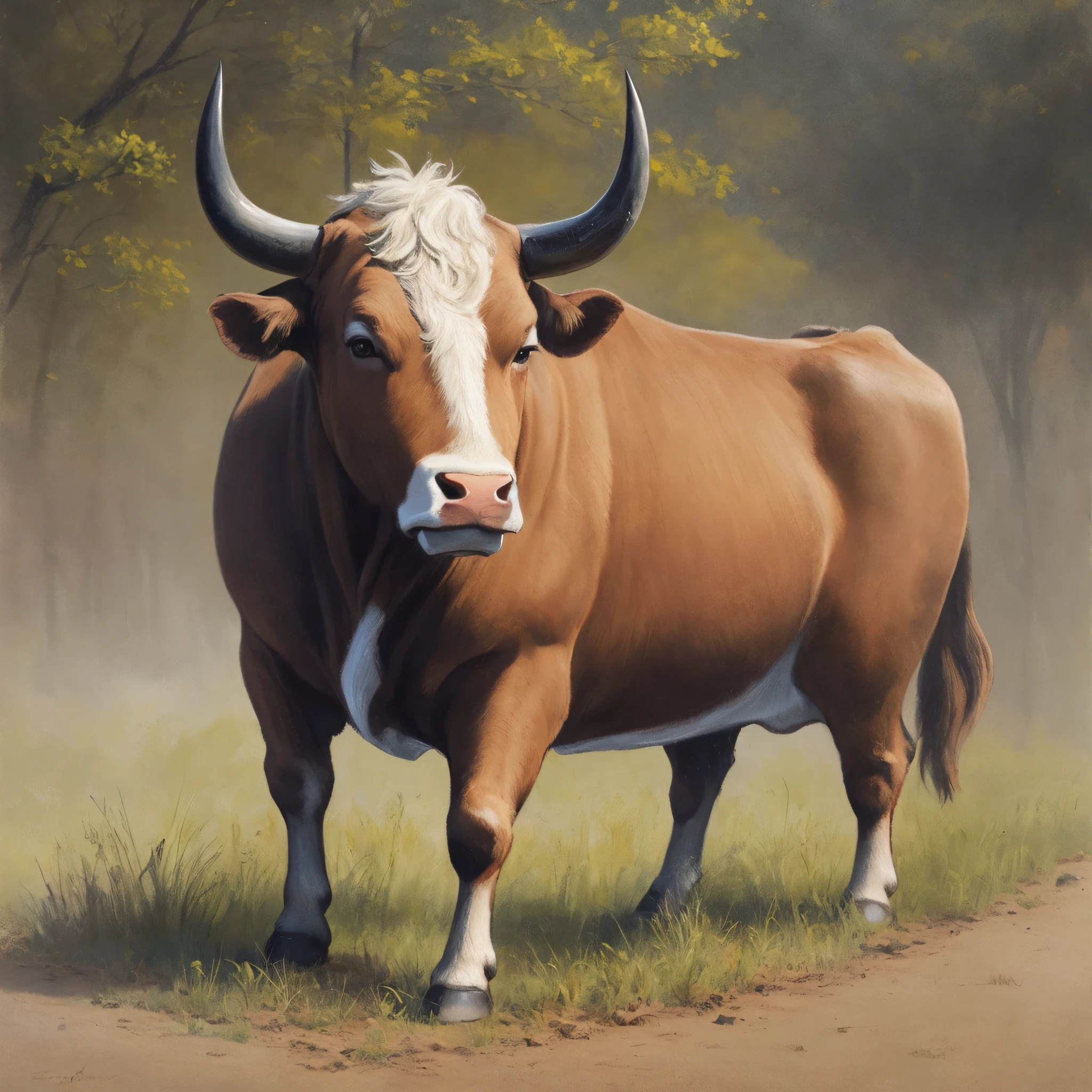 The bull is ordinary, brown, standing in a clearing, blurred background, drawing of excellent quality, plain background, good detail of the animal, careless drawing with paints