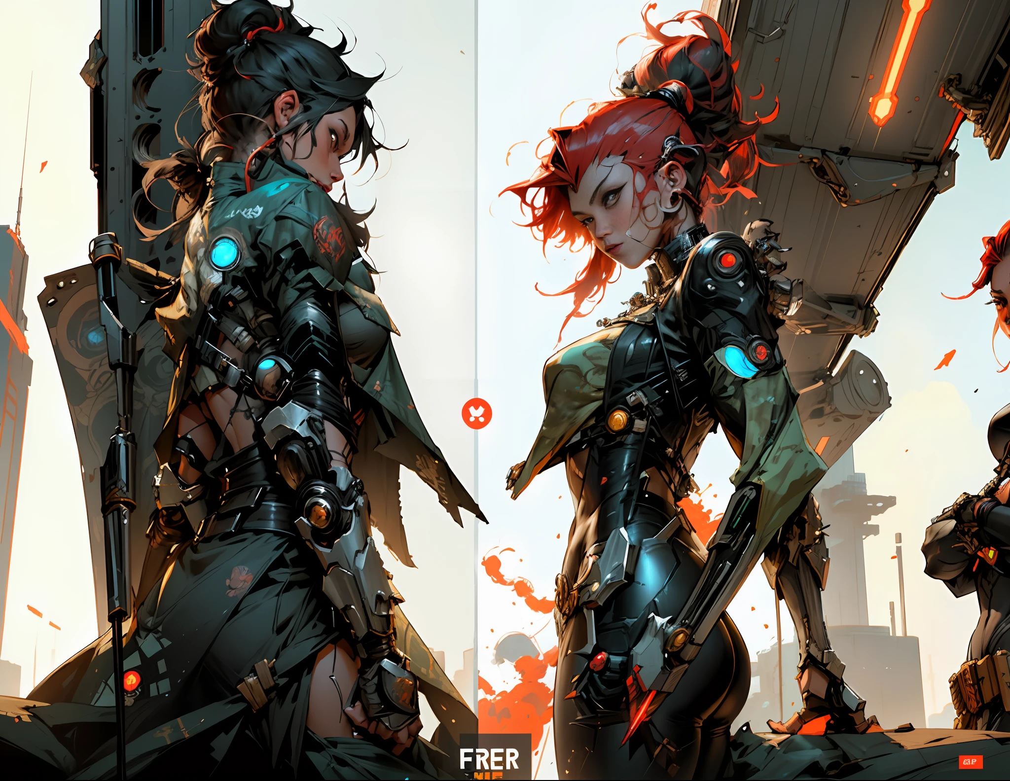 Female Warrior, Comic Book Style, Cyborg, Cyberpunk, Game Design, Character Design, Concept Design, Front and Reverse Views of the Same Character