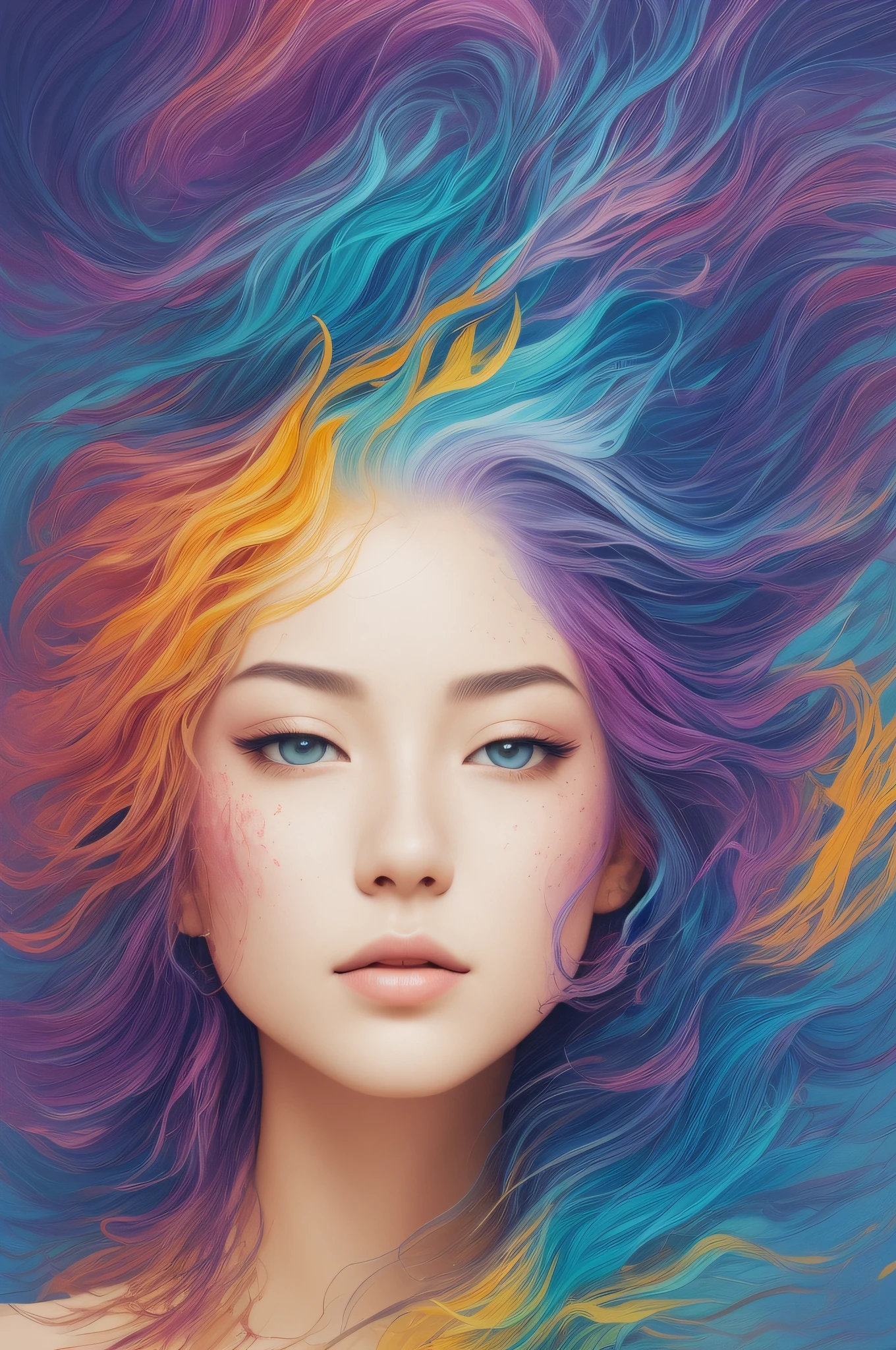 colorful Chinese dragon, oil painting, perfect face, soft skin perfect face, blue-yellow, light purple and violet addition, light red addition, intricate details, splash screen, 8k resolution, masterpiece, cute face, artstation digital painting smooth very black ink flow: 8k resolution realistic masterpiece: intricate fluid gouache: by Jean Baptiste Mongue: calligraphy: acrylic: watercolor art, professional photography, natural lighting, Volumetric lighting minimalist photography illustration: by Marton Bobzert: , complex, elegant, vast, dreamy, wavy hair, vibrant, paint splattered, smoky .