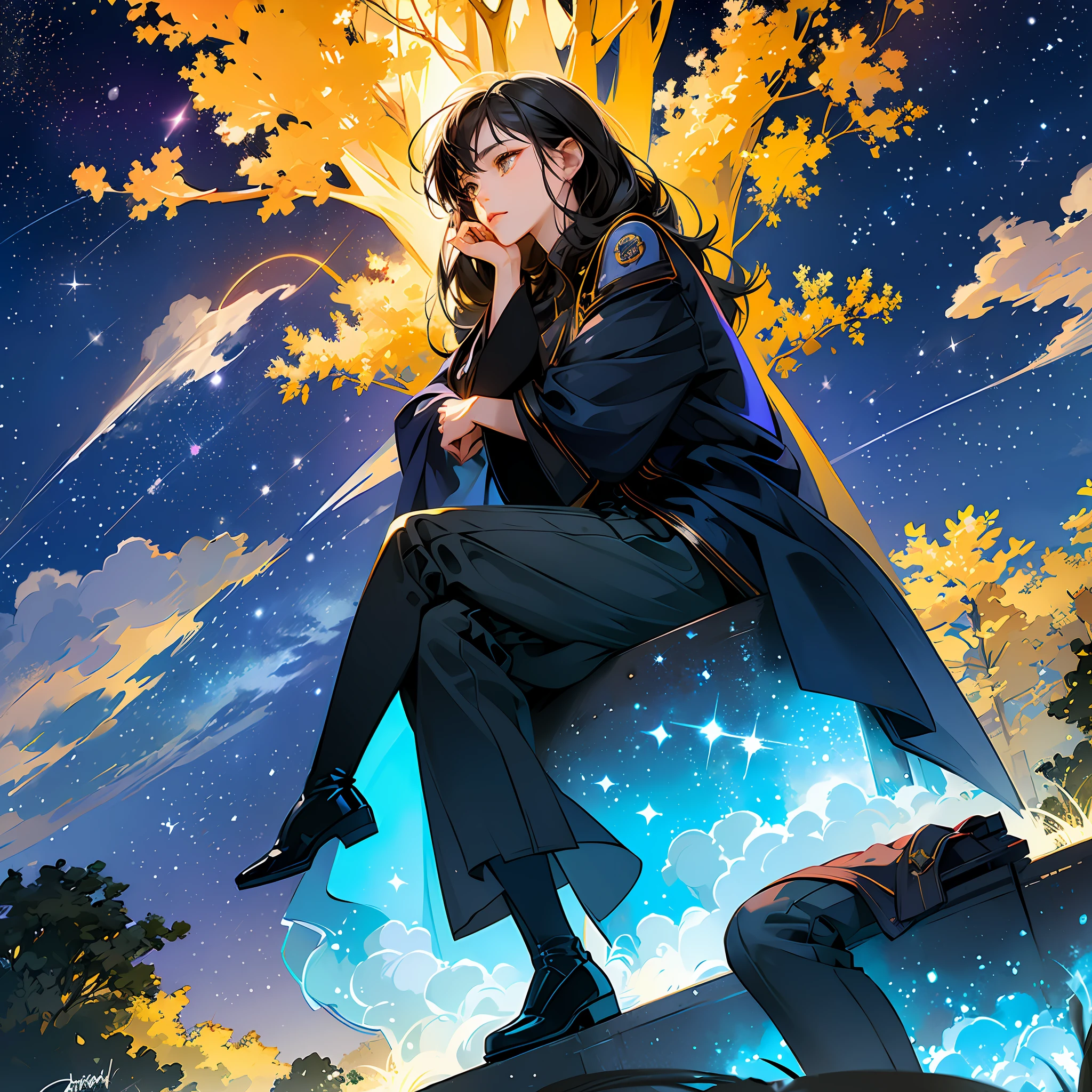 (Starry sky:1.3), milky way (long exposure:1.1),(night sky:1.2+octans), (scenic city silhouette:1.1), outdoor (sitting:1.2), vibrant city lights, (1girl:solo), long black hair, (signature pose:1.1),(outdoor sitting under a tree watching the scenic city), (clouds in the background:1.2), futuristic building, (cityscape:1.2)