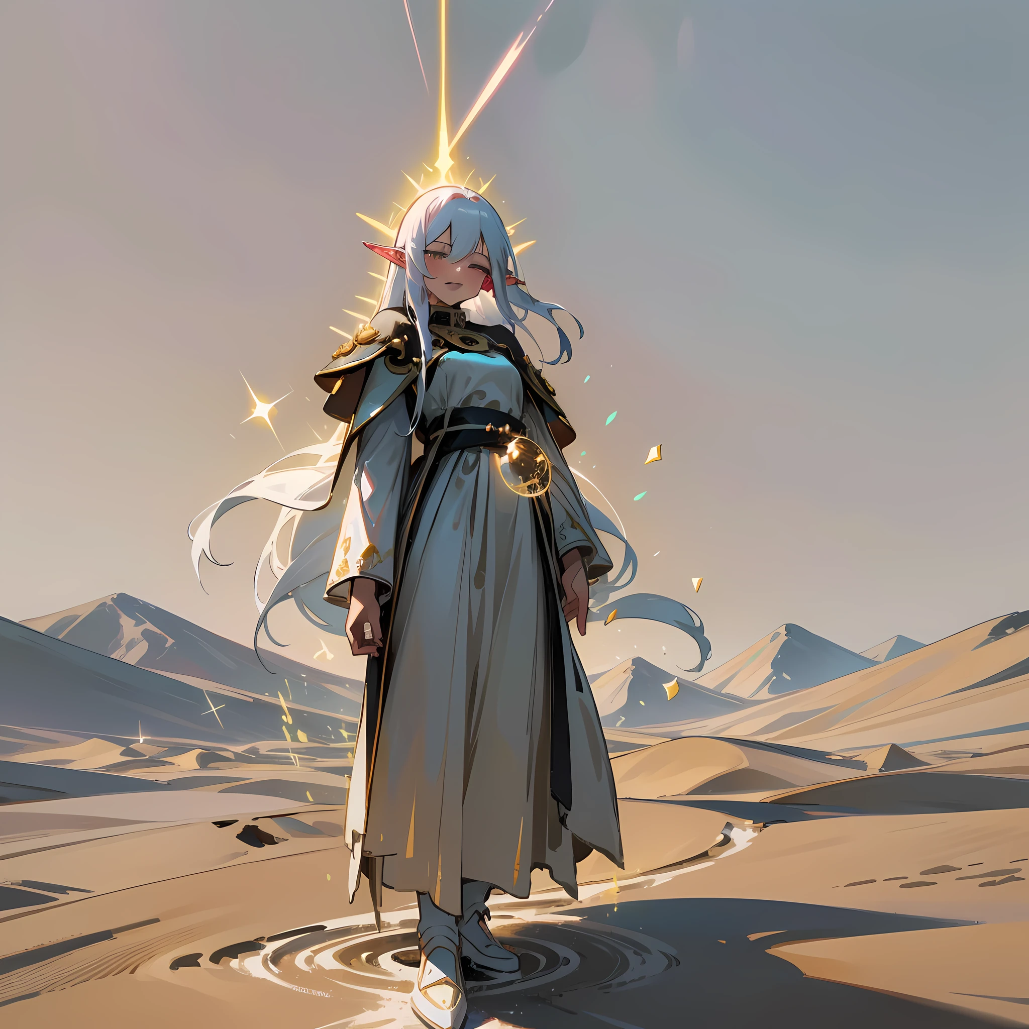 Earth Dun hostess, earth dun, sand, long white hair, emanating, sand suspended on left hand, (right hand is white hand: 1.331), (body levitation: 1.331), front view, warm colors, eyes closed, magic array under the feet, earth ripple, spinning, (back body), (elf on the ground: 1.331), wind, outdoors, strong sunlight, heat, desert, wearing a cassock, (a round of cold ice sparkling behind the back), double eyelids, convex nose bridge, small mouth, maniacal laughter, comics, ray tracing, details, 4K, HD, high quality