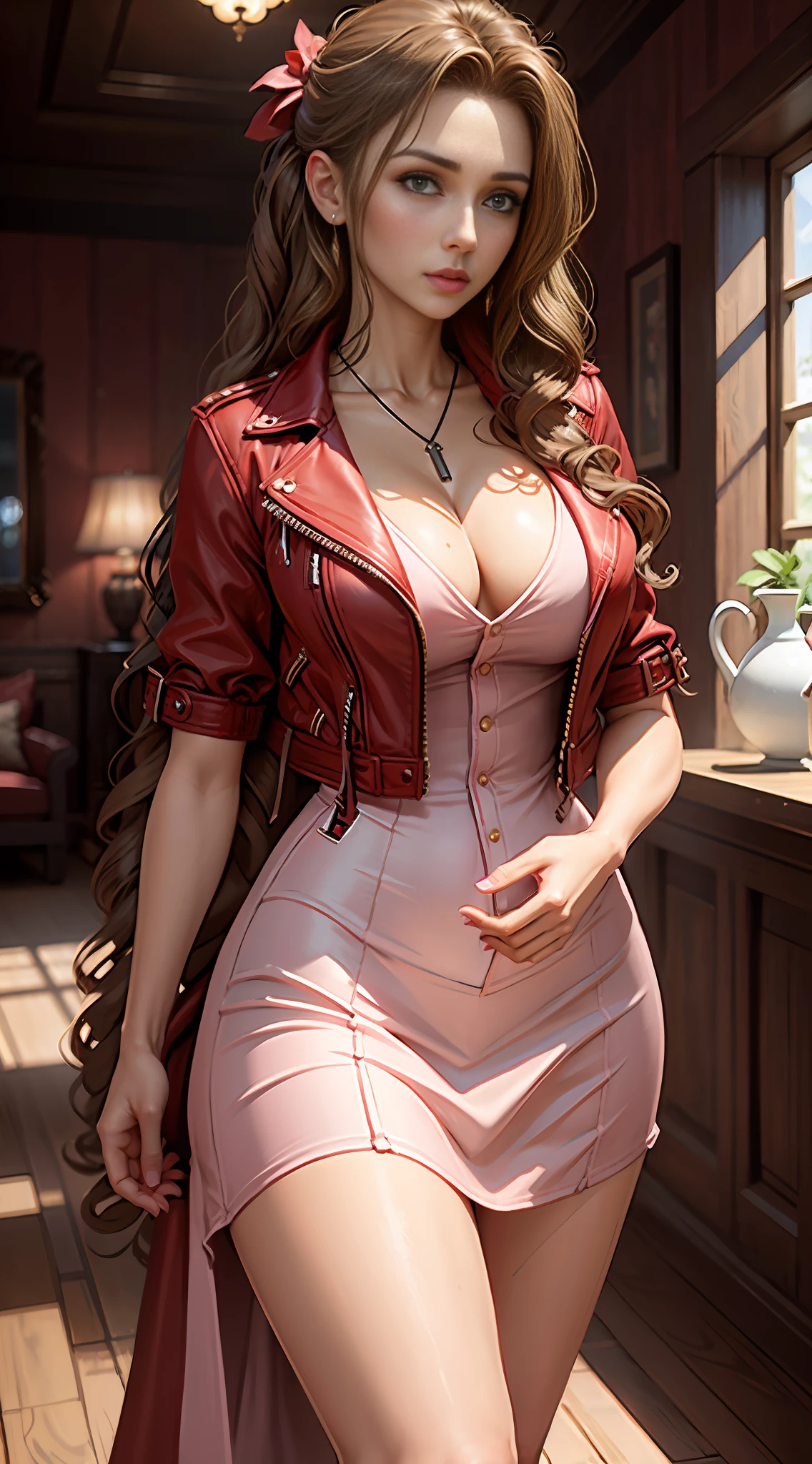 RAW, beautiful woman, (long brown, wavy hair), sexy figure, (masterpiece) (perfect proportion)(realistic photo)(best quality) (detailed) (8k) (HDR) (wallpaper) (cinematic lighting) (sharp focus) (intricate) aerith Gainsborough, pink dress, red denim crop jacket, cleavage, large breasts, athletic body, roned body