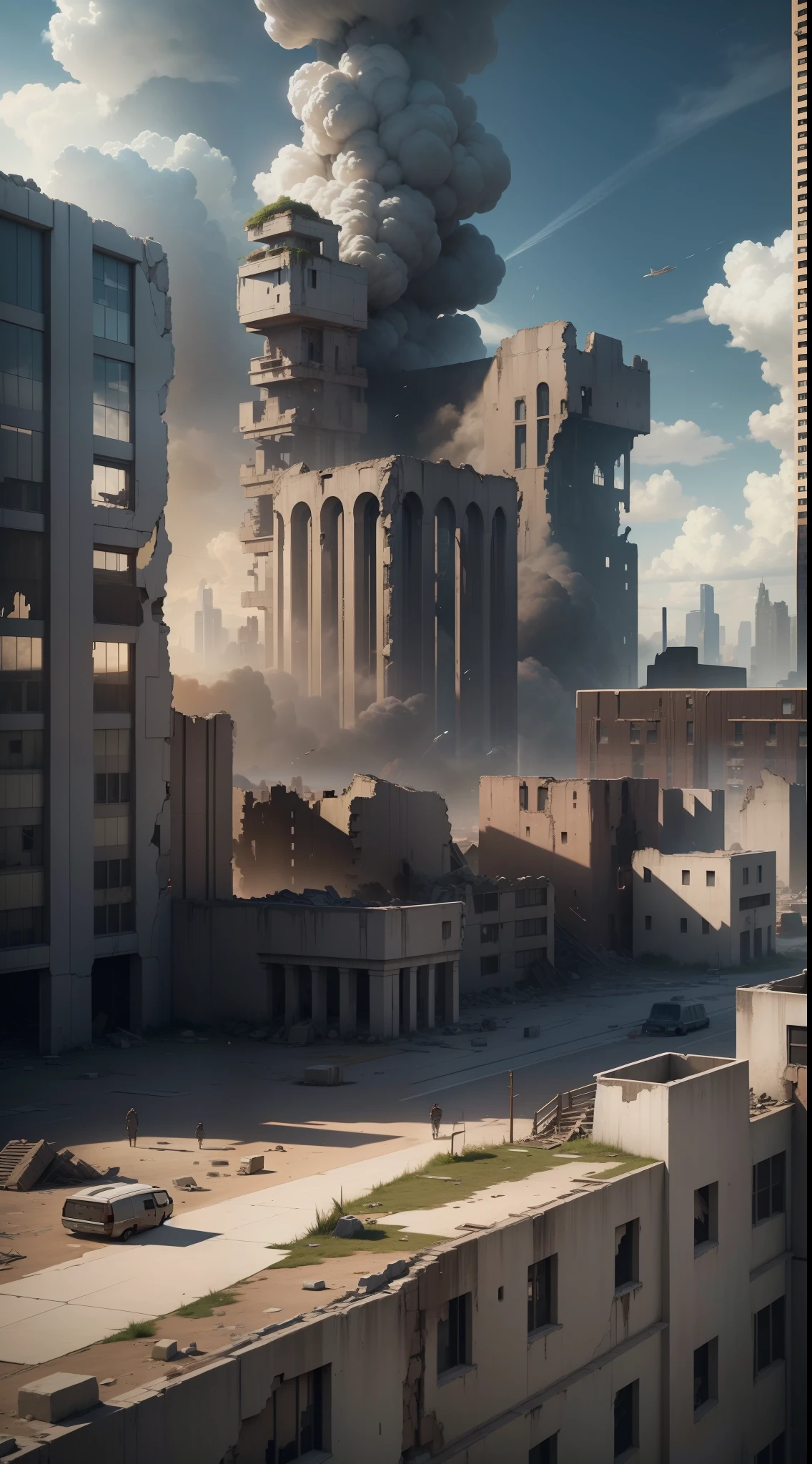 (extremely detailed CG unity 8k wallpaper, masterpiece, best quality, ultra-detailed), post-apocalyptic, devastated ruins, desperate people running, destruction, devastation.