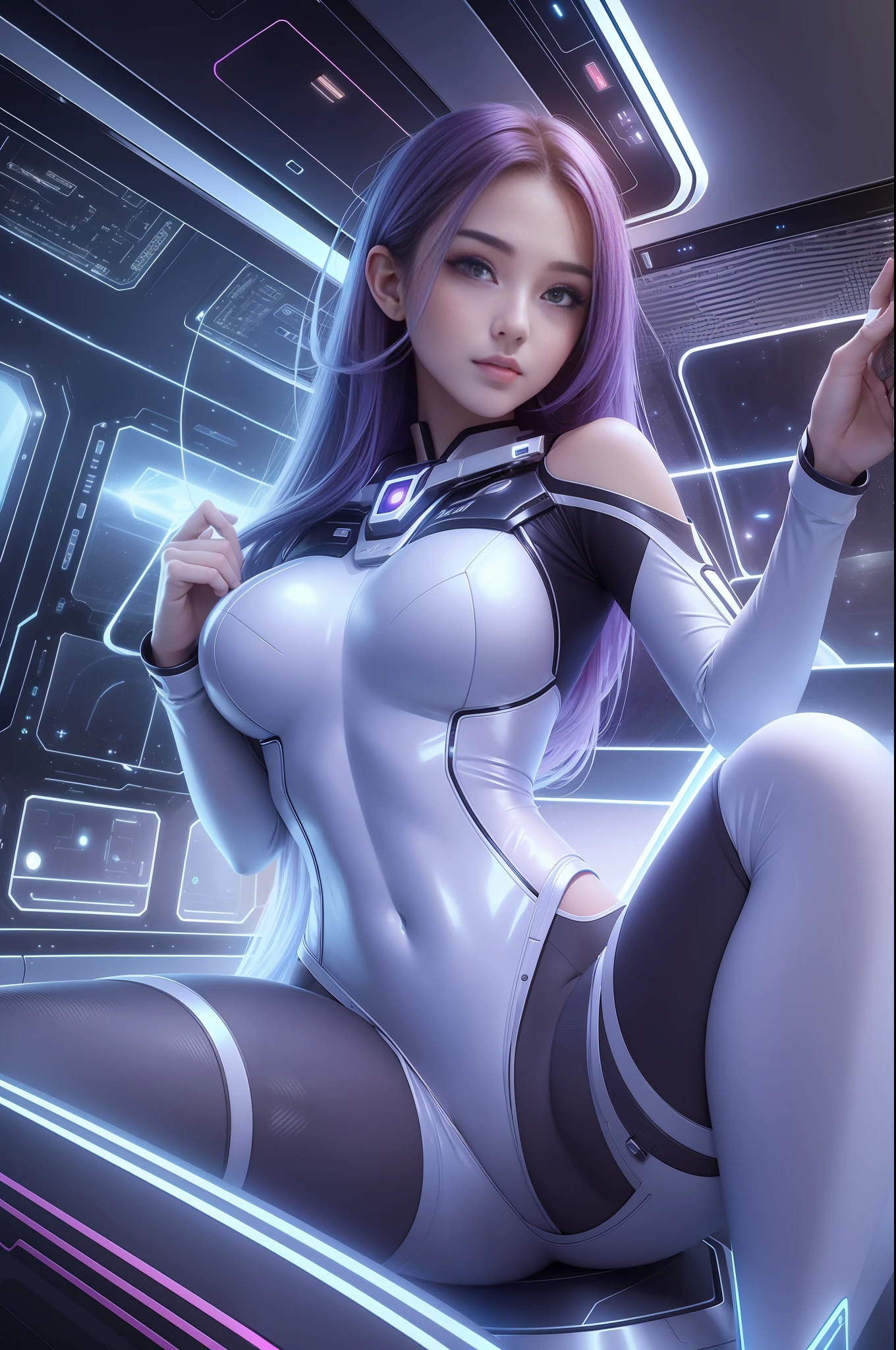 1 cute beautiful sexy girl, 20 years old, in a huge spaceship, full of technology and futuristic inside, open vision, smooth lines, inspired by the movie space traveler, seductive appearance, ultra HD, sexy long legs