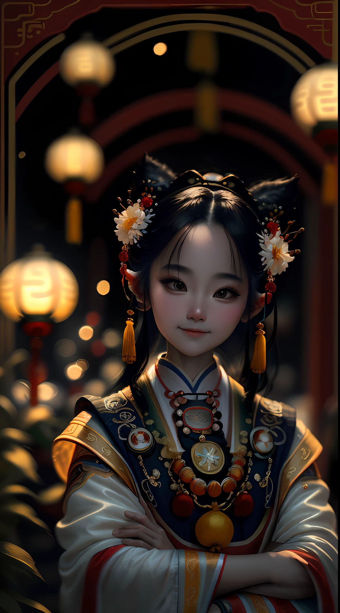 Look to the Viewport, Superb Masterpiece, High Resolution, Photographic Art, (Enchanting Smile x0.8), Star Pupil, ((Chinese Hanfu)), Hair Accessories, Necklaces, Jewelry, Beauty, on_body, Tyndall Effect, Lens Correction, Realistic, Shadow Room, Highlight Edge, Two-tone Lighting, (High Detail Skin 1.2), 8K UHD, DSLR, Soft Light, High Quality, Volume Lighting, Candid Photo, Memorial Photo, High Resolution, 4K, 8K, Background Blur.