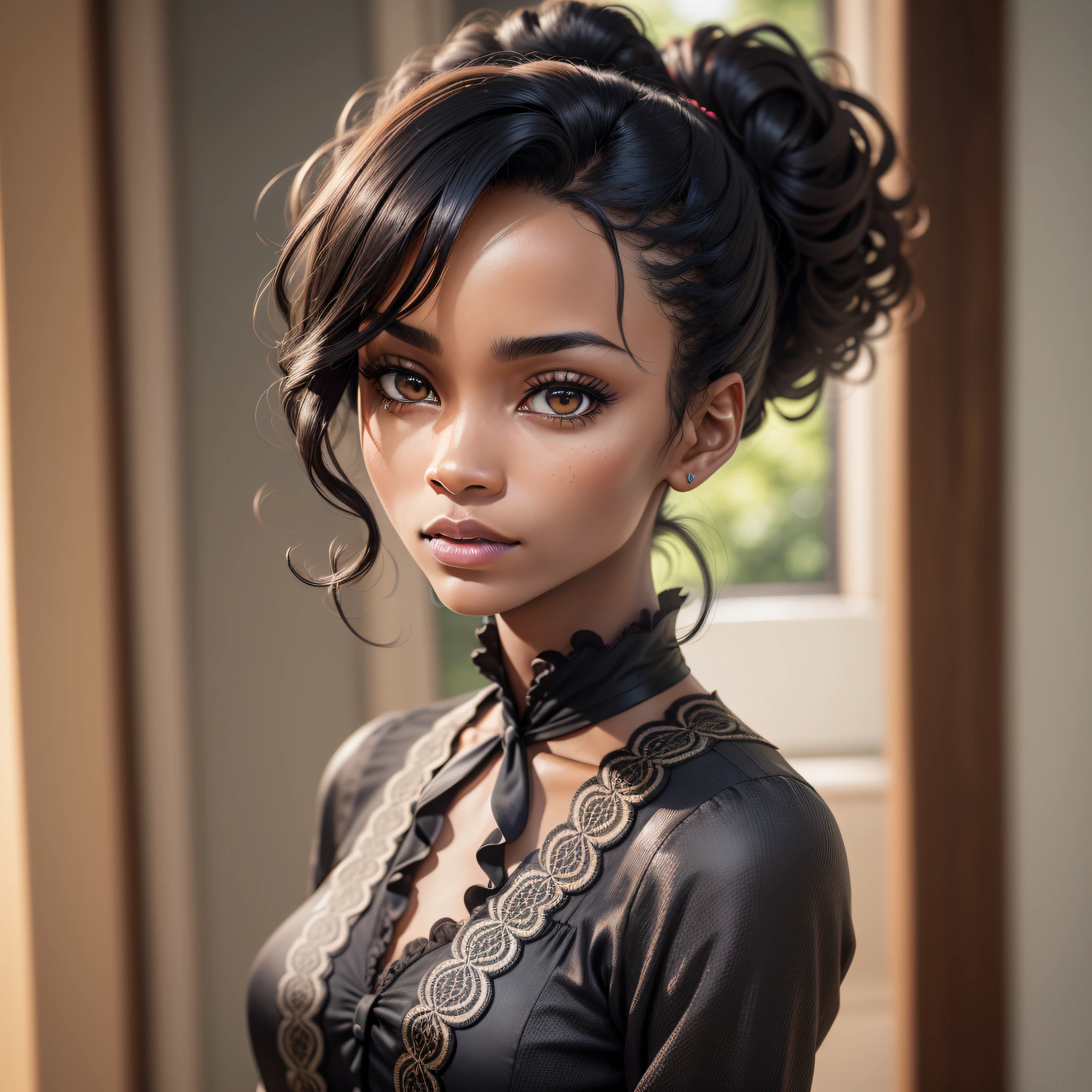 A ugly black woman from the 1700s, 18 century, 30 years old, brunette, adult, very thin, thin, dark black hair up, thin, browned eyes, high, wearing office clothes, wearing formal clothes such as a white social and black dress, polite, delicated, Looking at the landscape through the window missing someone, longing look, missing someone, (Best Quality), (Highly Detailed), (Motion Blur), (Chromatic Aberration), (Glowing Light), (God Rays), (Ray Tracing), (Reflection Light), (backlighting), (bloom), (close-up), (Sony FE), (dynamic angle: 1.2 ), (background detailed), (((Full Body Shot: 1))), (eyes detailed), (Sony FE GM), (UHD), (16k, high quality), (super detail), (high details), (HD), (Dramatic), (Mature), (Very thin) (Secretary), (afro appareance), (african body), (black people), (Mozambican: 2.0), (brunette), (((Thin))), ((well behaved)), (((longing look))), (((missing someone))), (prominent cheekbone), (hair up), ((suffering by love))