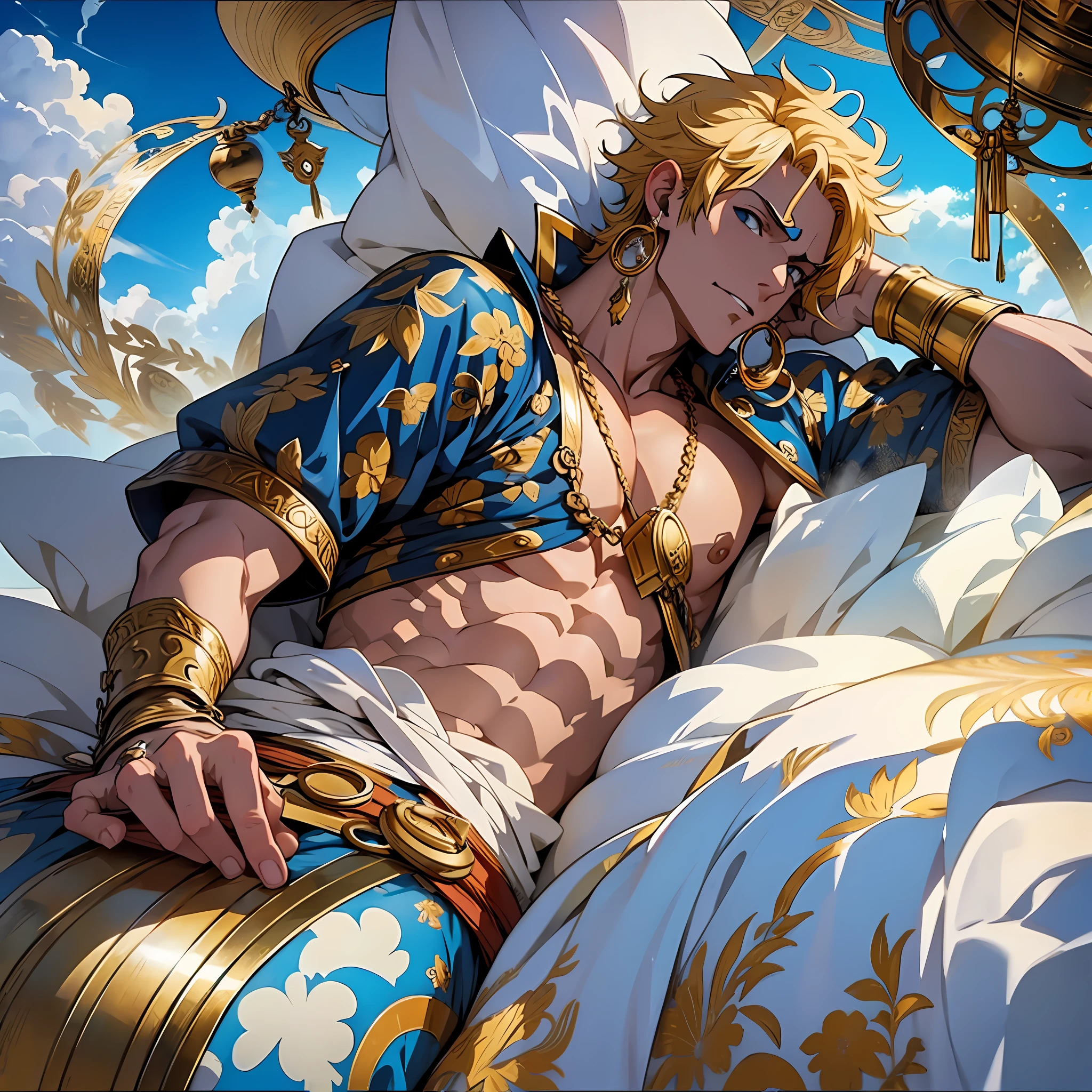 God Enel from anime one piece, in the clouds, lies on pillows, with a finger little finger in his ear, against the background of a cloud with a large golden bell in lianas --auto --s2
