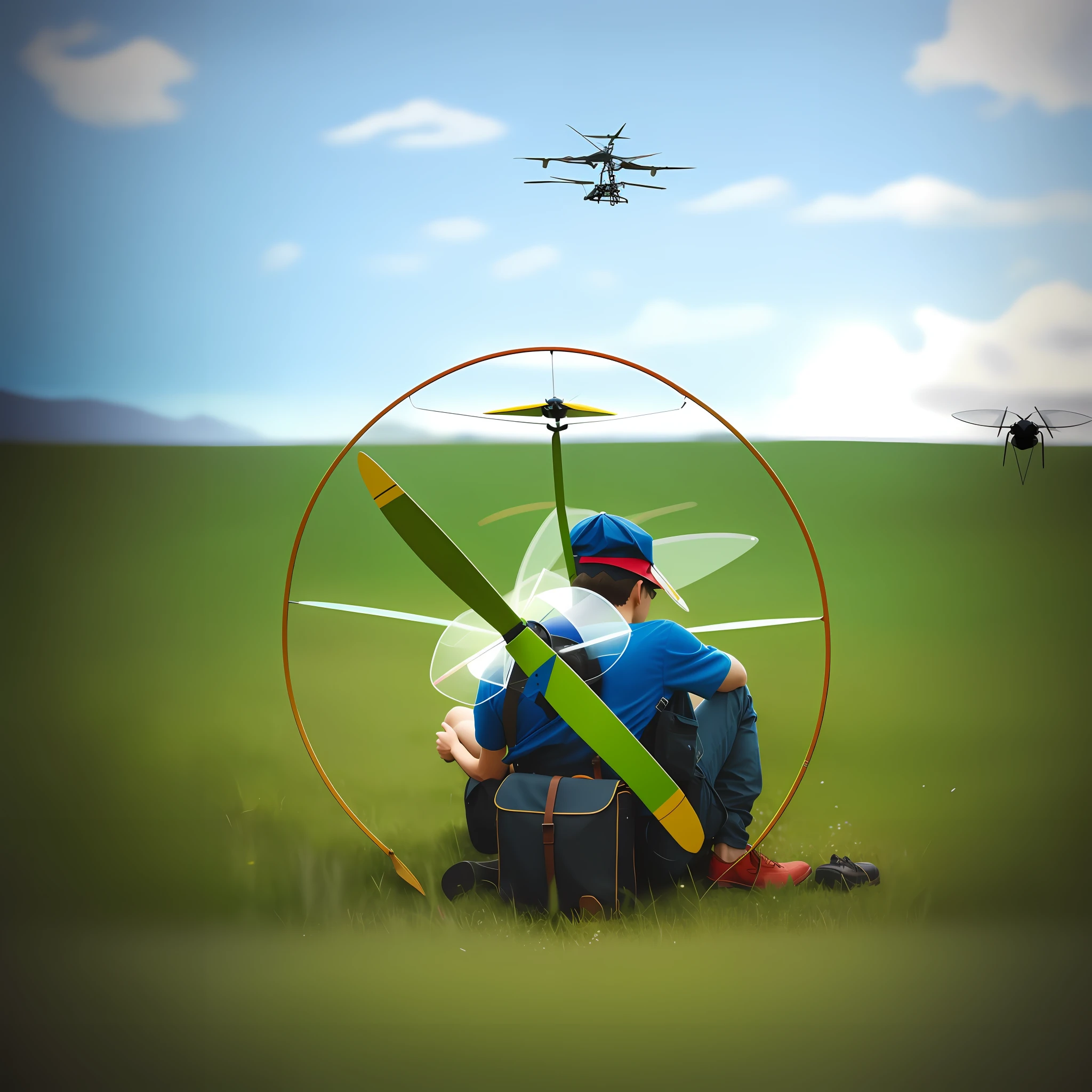 there is a man sitting in a field with a toy airplane, gyroscope, closeup portrait shot, centered shot, illustartion, student, photo mid shot, photoshot, bottom angle, top-down shot, portrait shot, helicopter drones, top down shot, digitally painted, inspired by Jan Rustem, close establishing shot, scenic full shot, an amazing photo