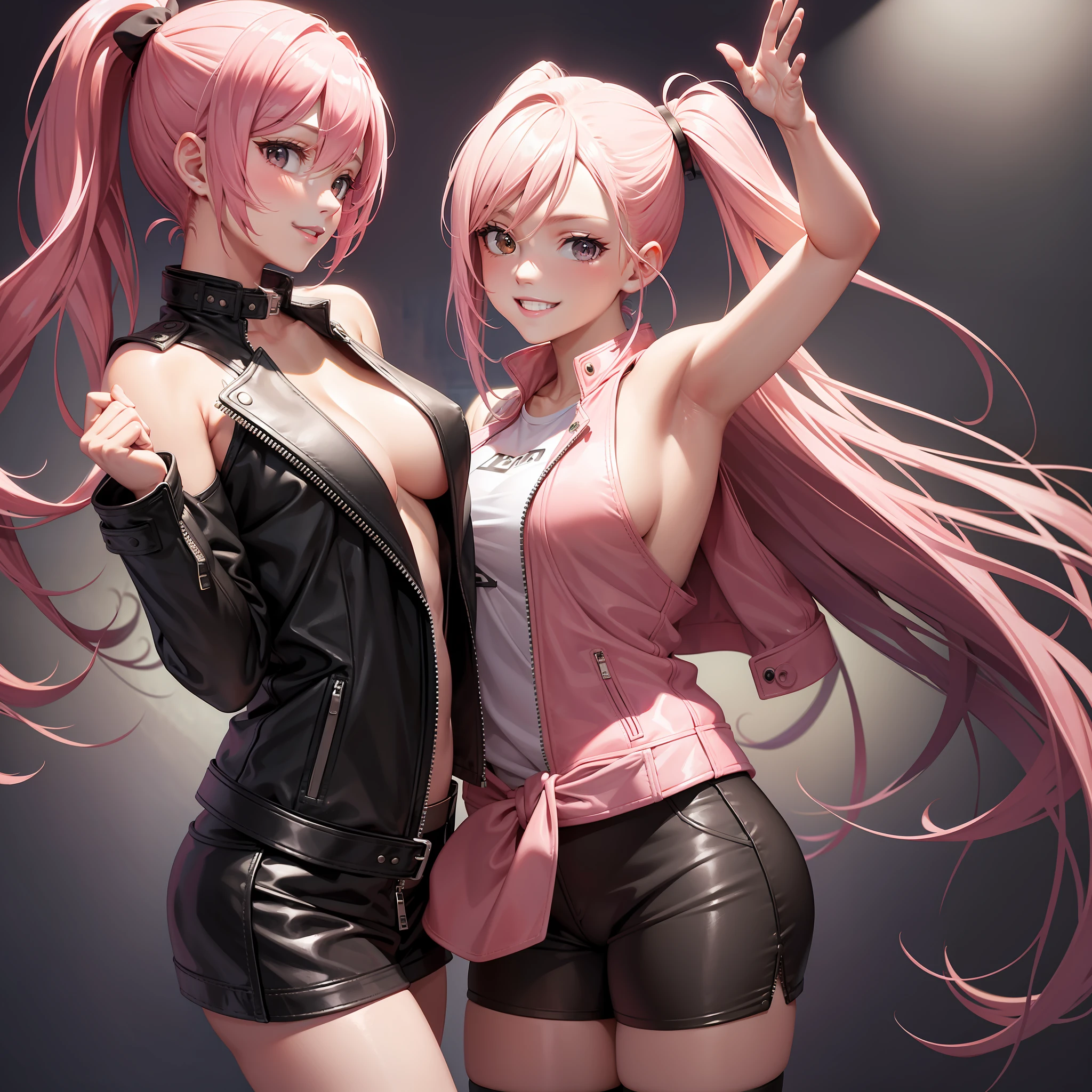 Naked Leather Jacket Girl Pink Hair Ponytail Twin Tails Best Quality Masterpiece Smile Erotic