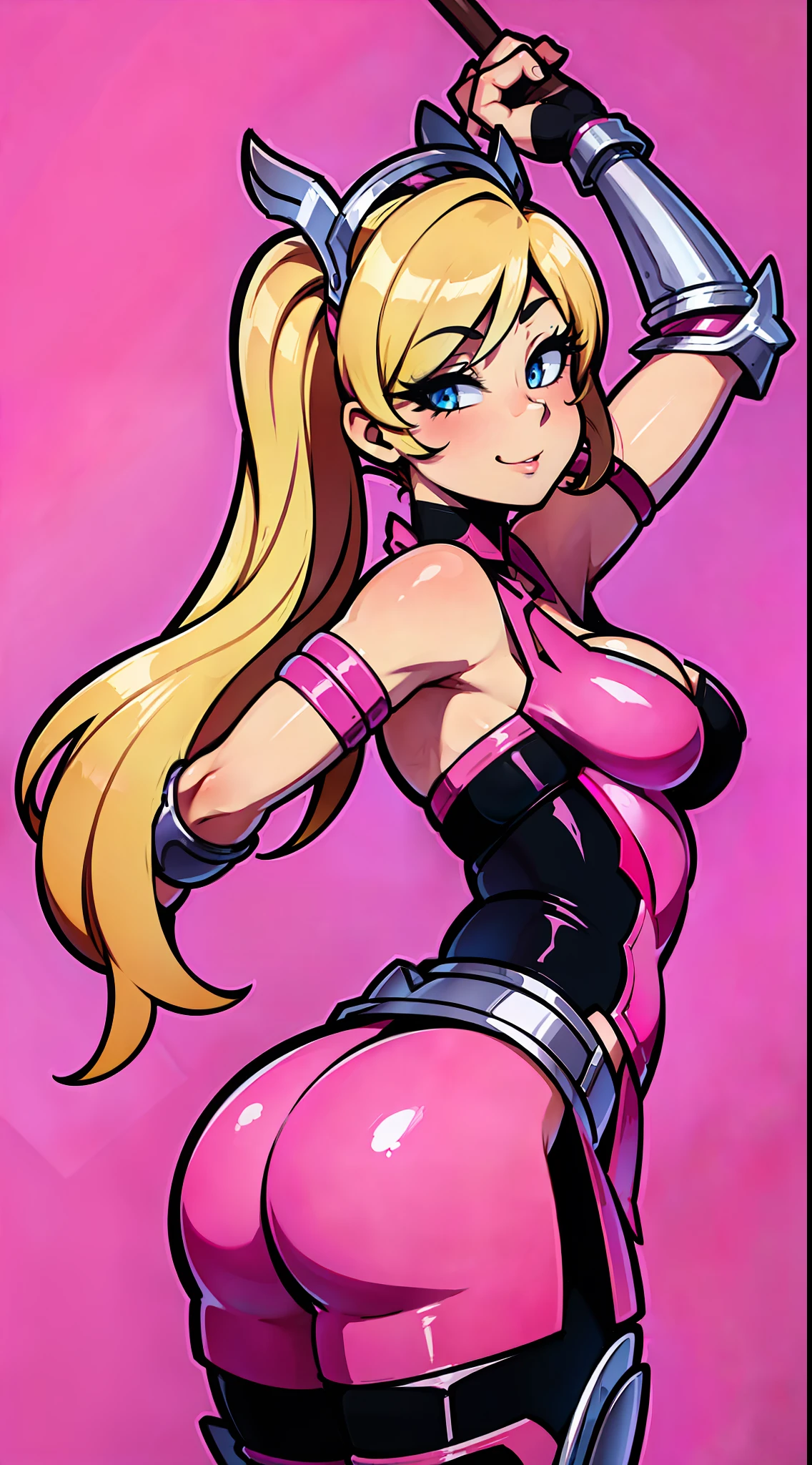 pink_mercy, 1girl, big butt, ripped clothes, simple background, colored background, brush strokes background, happy, winking, make-up, small breasts, ripped armor, armor