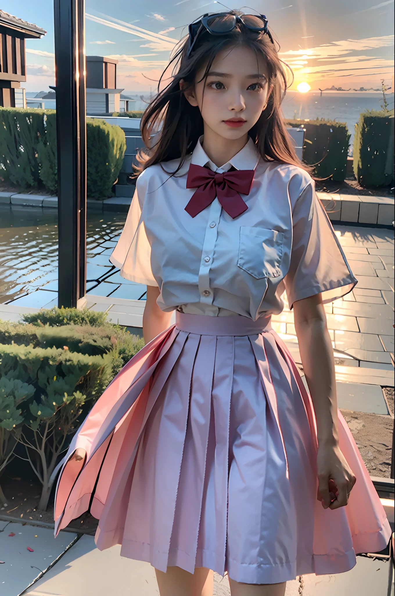 (dark scene, soft lighting, high saturation): 1.4, vivid lighting, enchanting elegance, atmospheric depth, masterful technique, naturalistic representations, harmonious composition, creative refinement, surprising juxtapositions,
Woman, 22 me, laughing, JK suit, white shirt, pink bow, bow tie, pink skirt
,((sunset)),volumetric fog, outdoor,