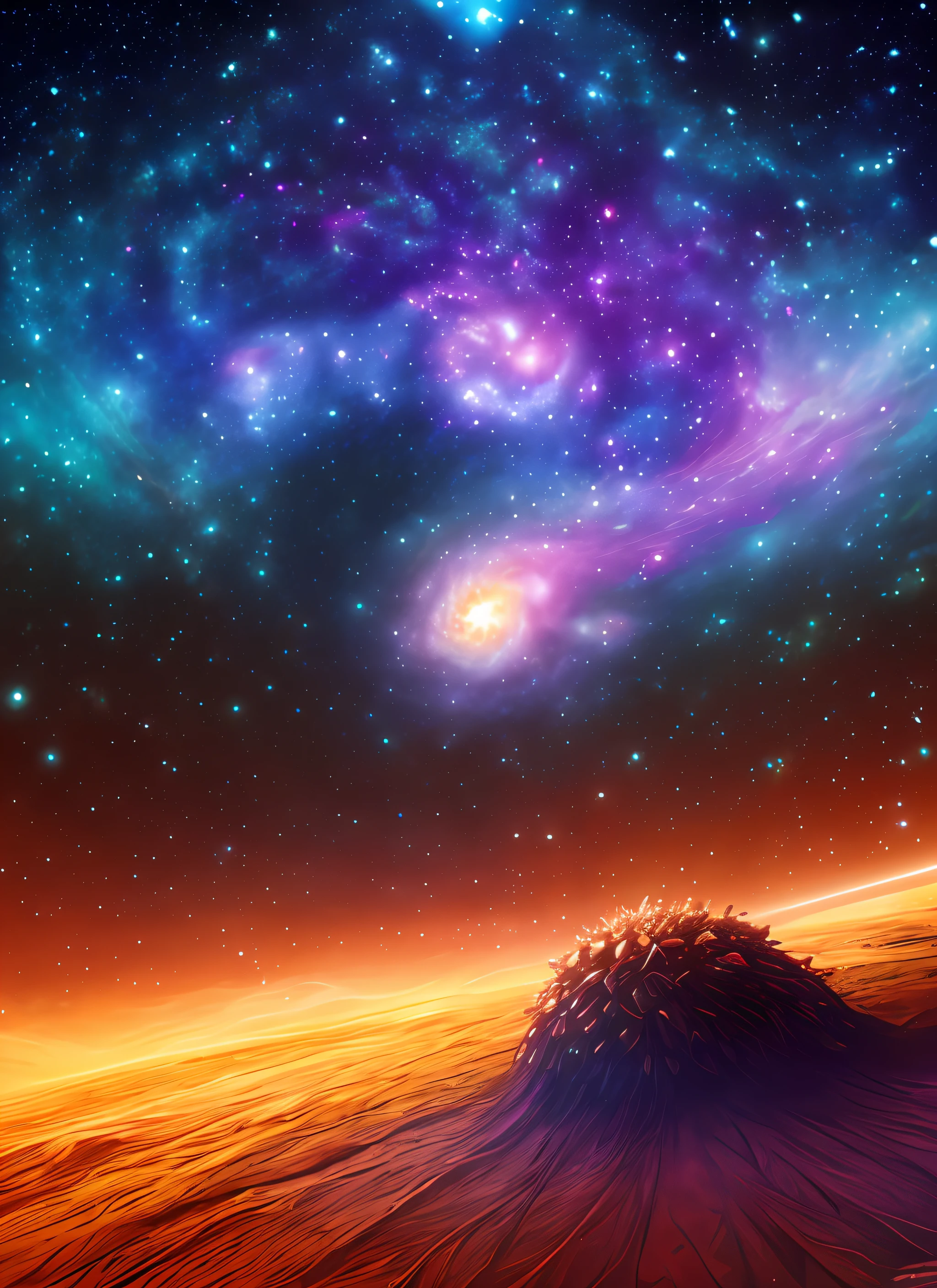 an anthill on the tardis dimension, looking into the infinite length of the universe, endless galaxies, dangerous black holes, exploding super novas, floating stars, endless staircases, starry nebulae, disturbing, cinematic atmosphere, negative dark mode, matrix atmosphere, swirling digital code with cloudstorm van gogh