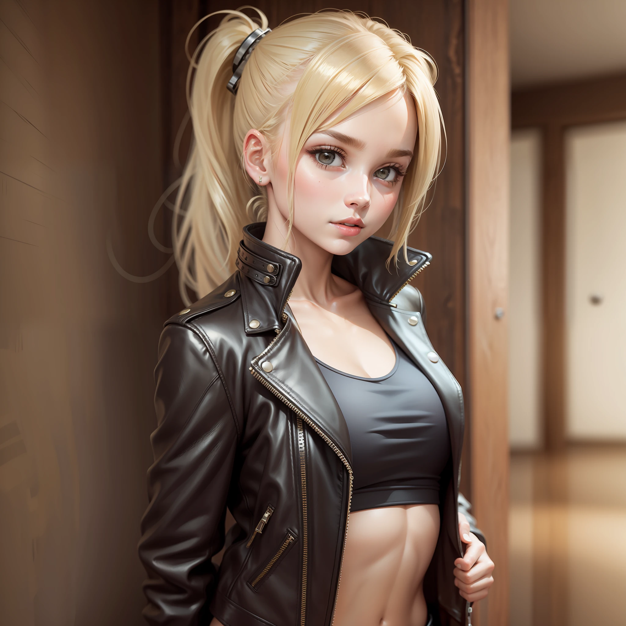Leather Jacket Girl Blonde Cute Ponytail Best Quality Masterpiece