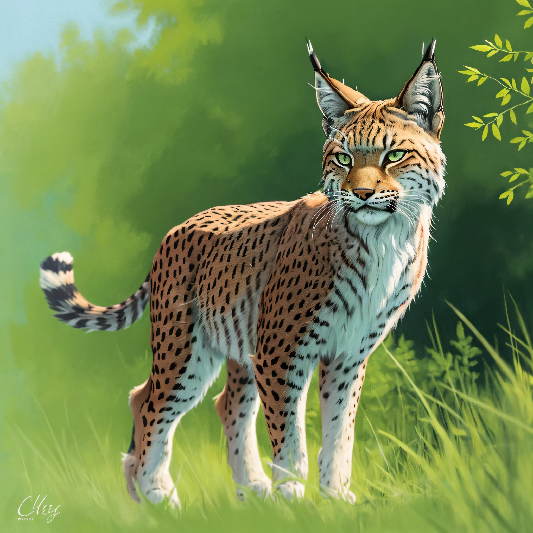Lynx ordinary, standing in a clearing, green blurred background, drawing of excellent quality, plain background, good detail of the animal, careless drawing with paints