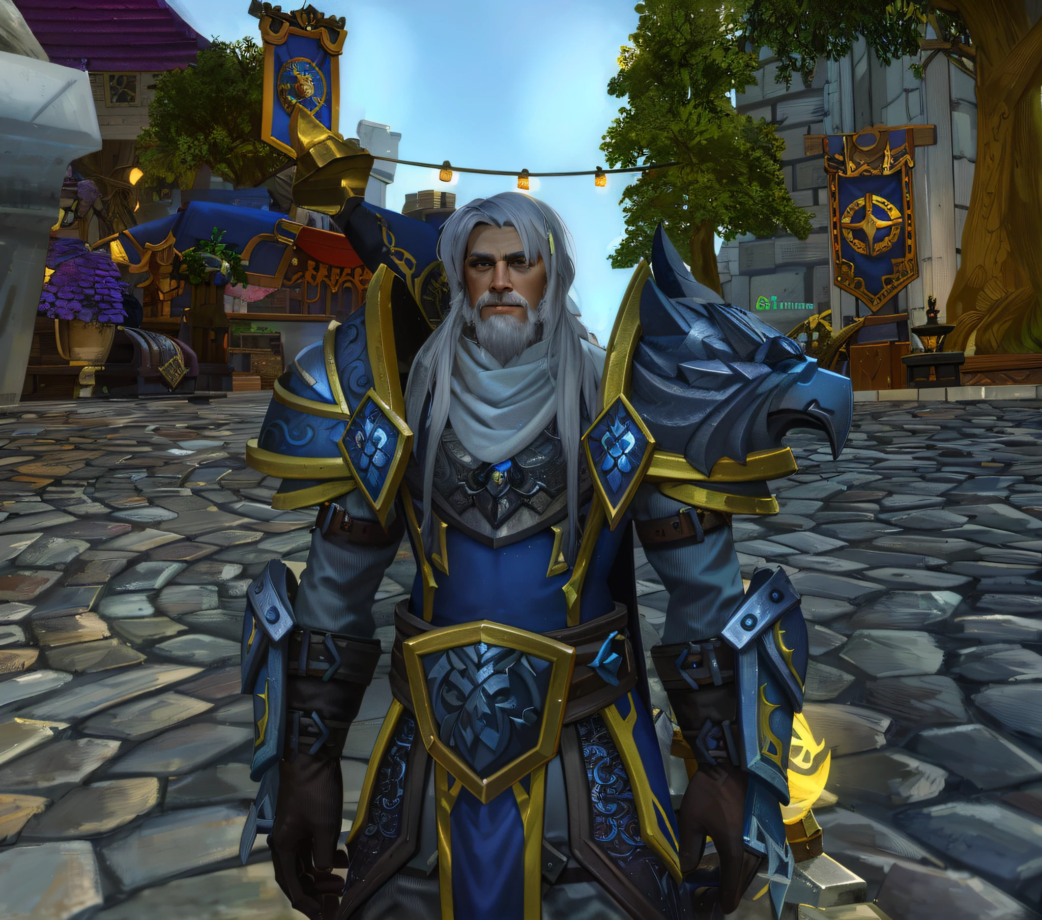 There is a male character dressed in a blue outfit and holding a sword, old male Archmage, a human male paladin, wild fin portrait, old male sorcerer, Warcraft character, image of a male cleric, Arthas Menethil, dwarf with white hair, wearing cape on the exploded plain, Arthas, male paladin, sacred paladin, image in reality