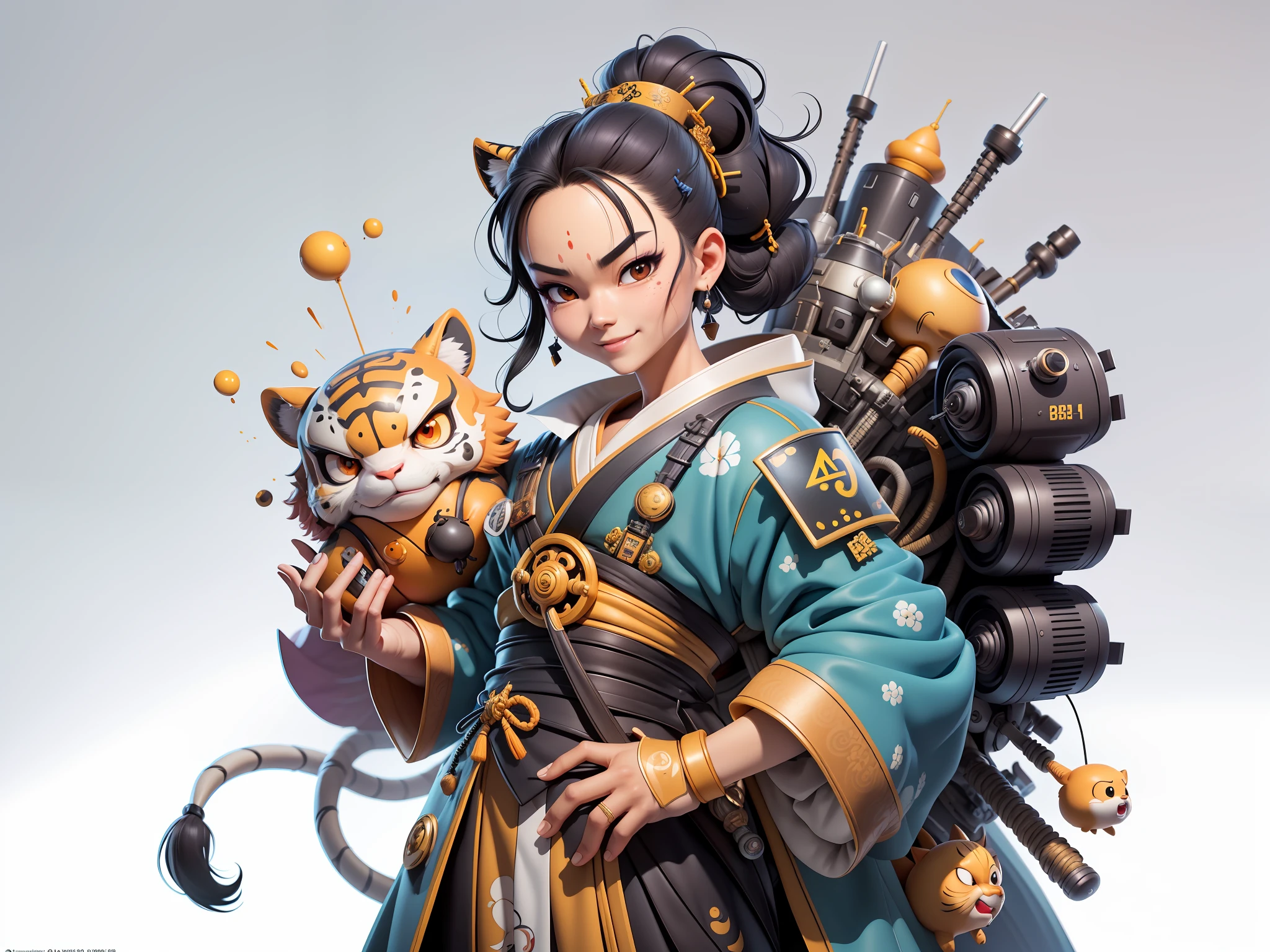 (Masterpiece), (Extreme Quality), (Super Meticulous), (Full Body: 1.2), Super Young Woman, Japanese Female Geisha, Beauty, Chinese Dragon, Tiger, Fengshen Thor, Sexy, Bursting, Oriental Face, TV Anchor, Bust Portrait Illustration, Alone, Black Suit, Blue Tie, Slightly Chubby, Very Clean Face, No Beard, Black Super Short Hair, Black Eyes, Confident Smile, 3c Computer Sub-Products, iPad, iPhone, Digital Painting, 3D character design by Mark Clairedon and Pixar and Hayao Miyazaki and Akira Toriyama, the illustrations are HD illustrations in 4K resolution with highly detailed facial features and cartoon-style visuals.