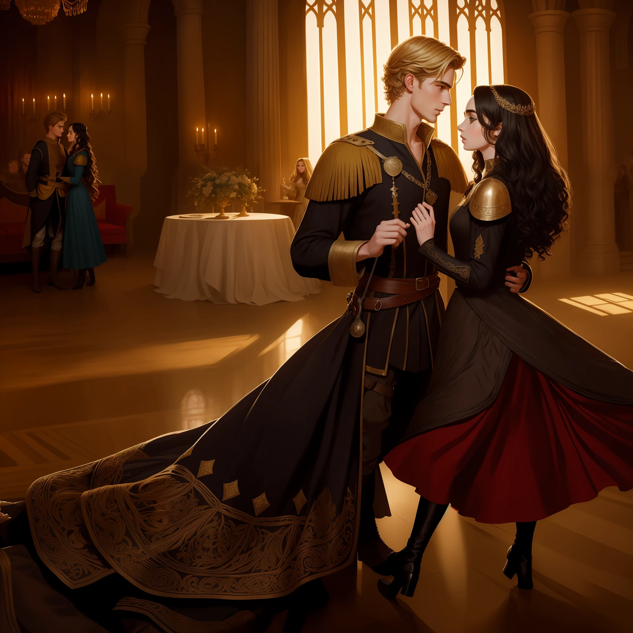 Lily Collins, who has curly black hair, wears a medieval dress. the Neels Visser wears a medieval military outfit and has blonde hair. The couple is waltzing in the ballroom. The illustration is like a book cover with a detailed, bright, illuminated, ultra detailed background, concept art, elegant, WLOP art