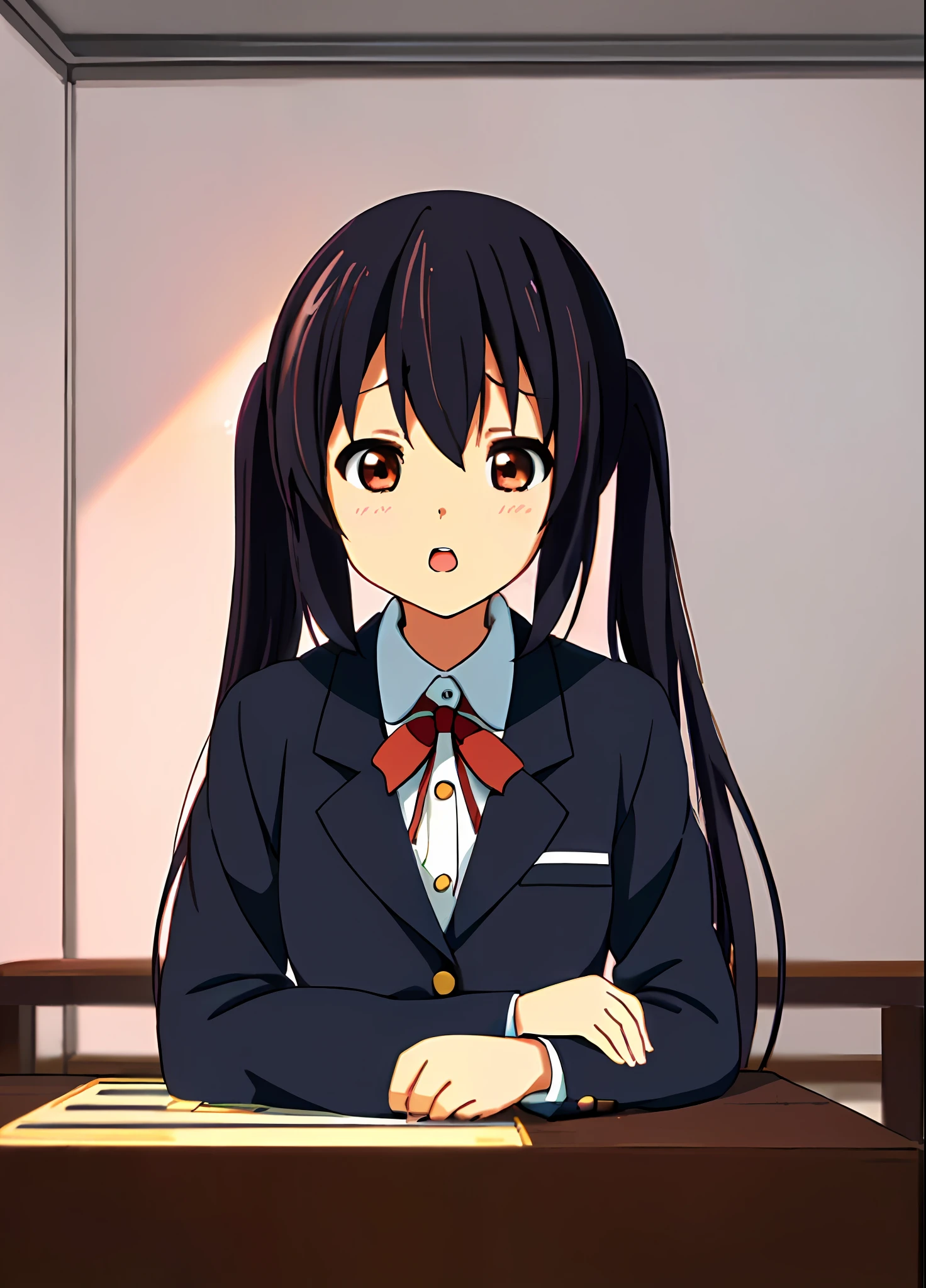 1girl, ((((Masterpiece))), Best Quality, Best Quality, High Detail, Azusa Nakano, 1girl, Sakuragaoka High School Uniform, Musical Instrument, School Uniform, Twin Tails, Long Hair, Black Hair, Brown Eyes, Solo, Red, Dark blue blazer with a thin ribbon of red, Solid white button shirt under blazer, Illustration, Cartoon, Soothing tones, Muted colors, Soft cinematic light, Adobe Lightroom, Photo Lab, HDR, complex and highly detailed, (((depth of field))))). (((Masterpiece))). (((highest quality))).) ((super detail))). (((Illustration))). (((Outside))). (((fighting stance))).,(((Lying down))).dynamic focus.small breasts.. (((Face of sadness))). Open mouth.Close your eyes.Spread your arms.Ground.Lie on your back.