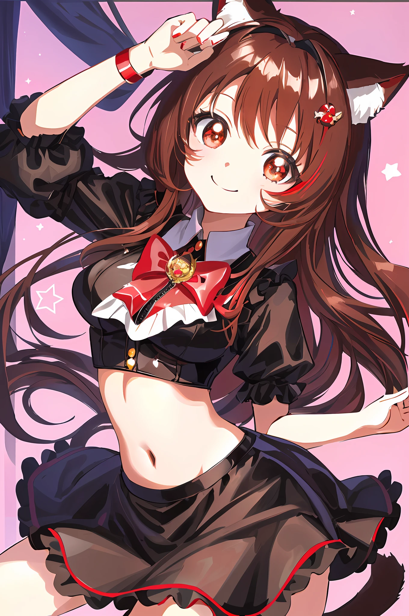 (Chibi Chibi: 1.4), Solo, full body, wearing shiny red and black maid clothes, highly detailed face, (smile: 1.2), lively, (gravure pose: 1.4), beautiful detailed eyes, looking up, light brown long hair, cat ears, near future, masterpiece, top quality, highly detailed 8k wallpaper