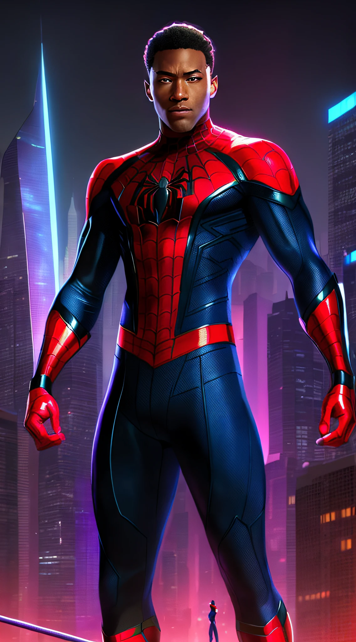 spider - man in a suit standing on a rooftop overlooking a city, miles morales, miles morales!!!, futuristic style spiderman, donald glover as miles morales, official concept art, peter parker, portrait of spiderman, hero pose colorful city lighting, peter parker as spiderman, spider - man, spider-man, official art, fan art, dwayne johnson as spiderman, spiderverse --auto --s2