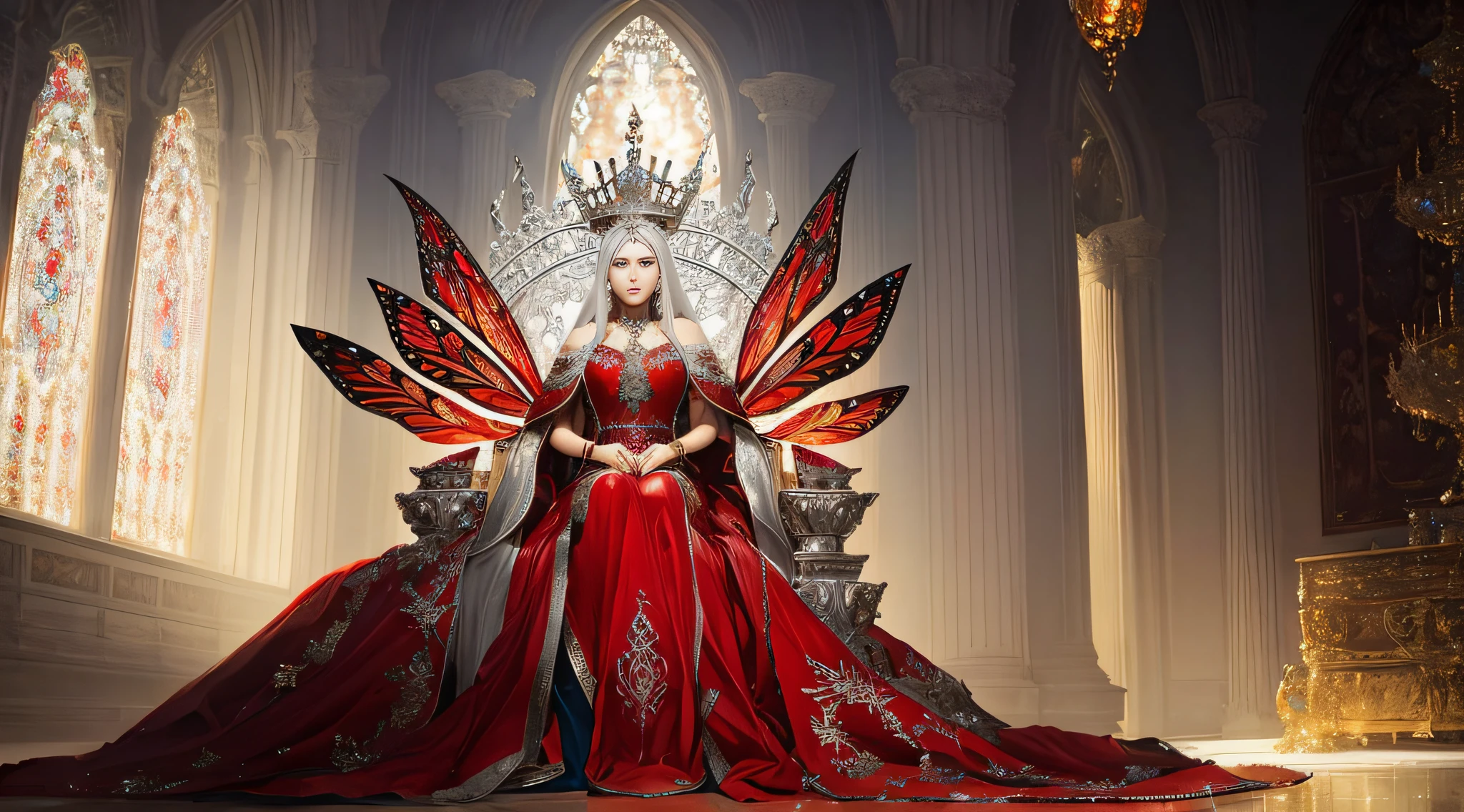 a Full body photo of a beautiful queen with silver hair sitting a red throne, 8k intricate, elegant, highly detailed, majestic, digital photography, art by Artgerm and Ruan Jia and Greg Rutkowski Surreal painting of filigree red butterfly, broken glass (masterpiece, side lighting, beautiful finely detailed eyes: 1.2 ), hdr