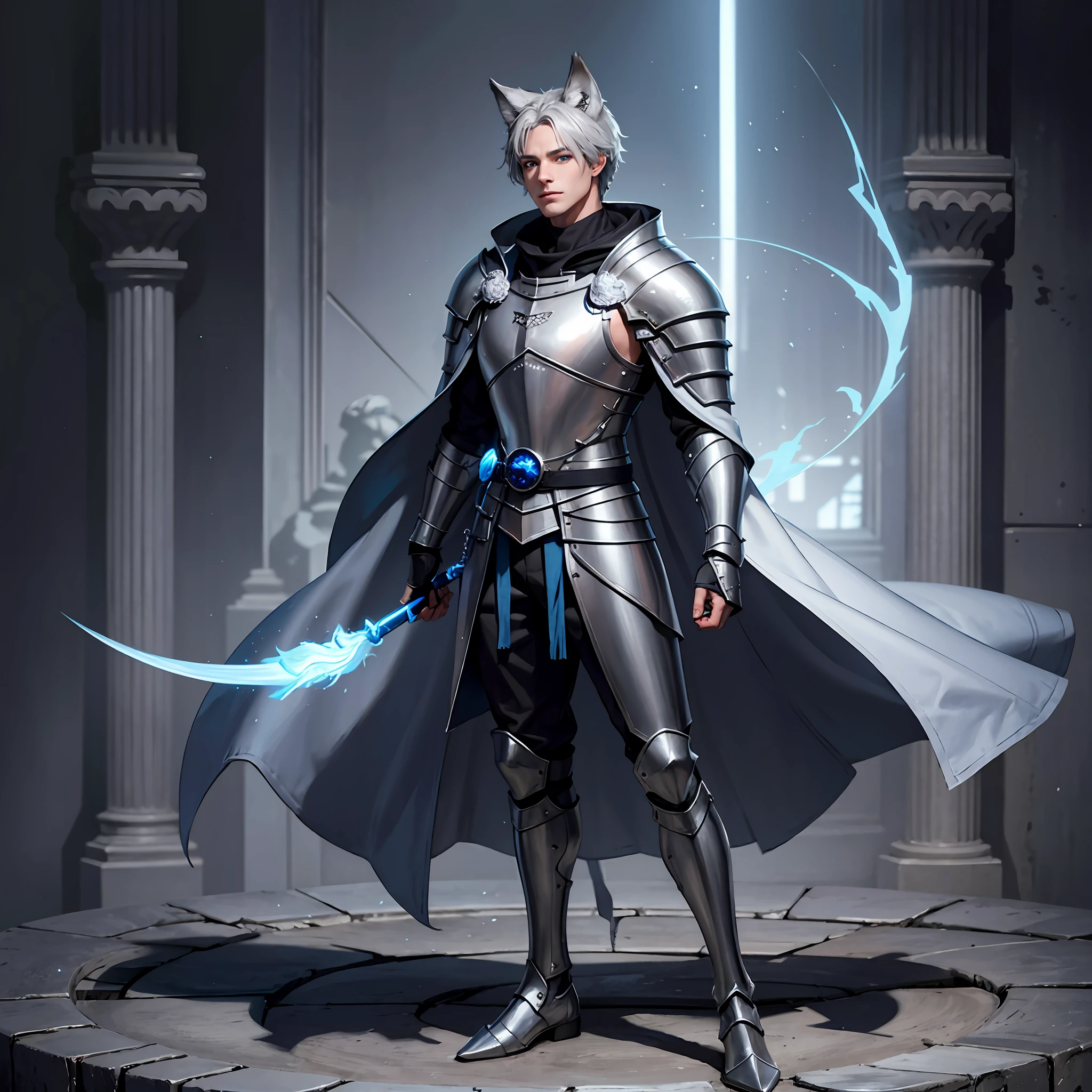1male, toned, gray hair, slim, glowing blue eyes, HD, vibrant, masterpiece, full body view, wolf ears, wolf tail, knight robes, dead expression, hero, solo, leaning, strong, smirking, ultra realistic, vilão,