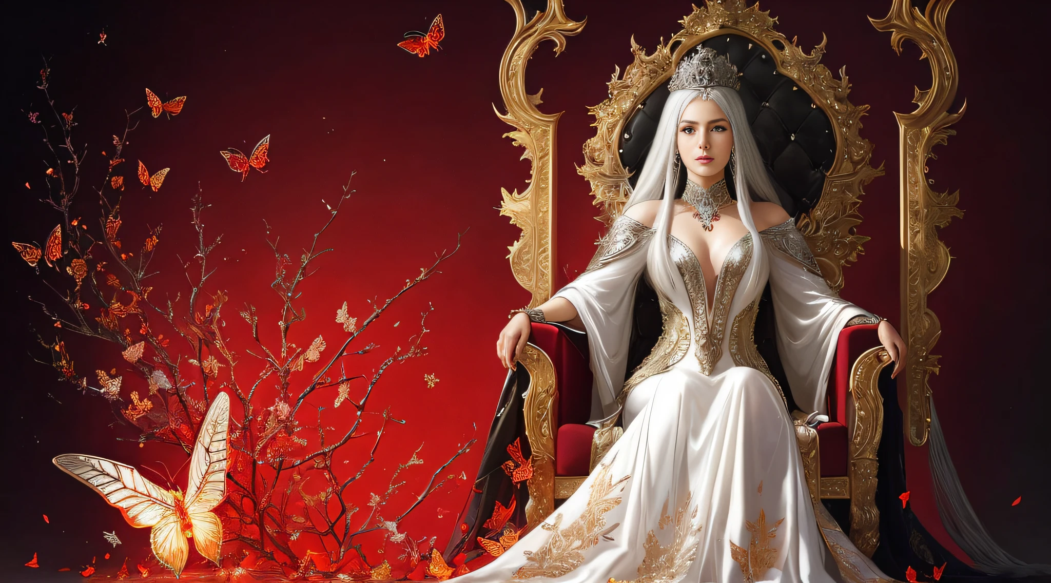a Full body photo of a beautiful queen with silver hair sitting a red throne, 8k intricate, elegant, highly detailed, majestic, digital photography, art by Artgerm and Ruan Jia and Greg Rutkowski Surreal painting of filigree red butterfly, broken glass (masterpiece, side lighting, beautiful finely detailed eyes: 1.2 ), hdr