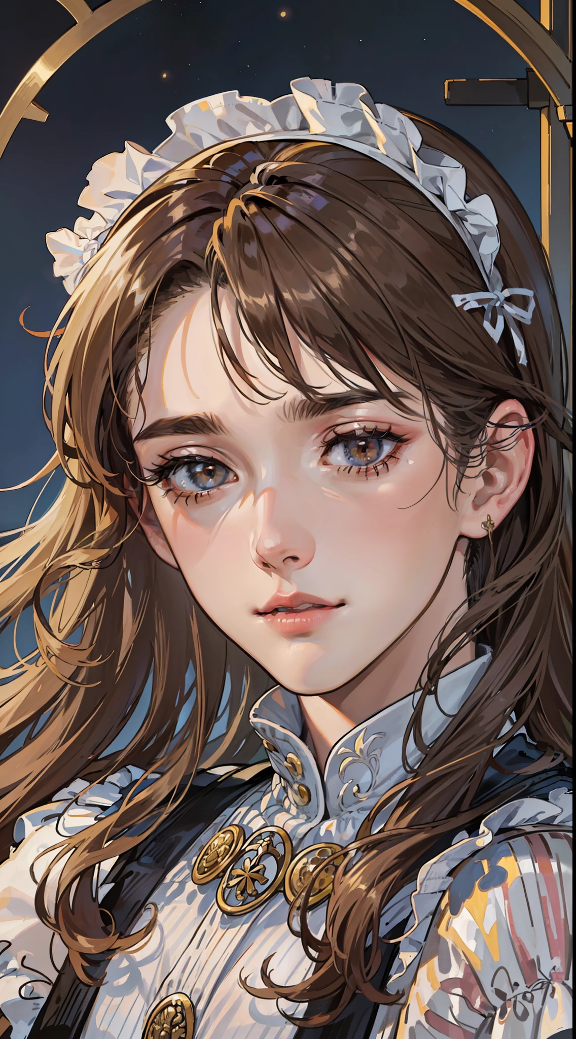 (8k, RAW photo, best quality, masterpiece: 1.2), (realistic, photorealistic: 1.37), (1GIRL) long wavy brown hair, (((middle stripe))) (((NO FLEQUILLO))) dull brown eyes, calm expression, closed mouth, malancholic look, (antique, covered and simple maid's clothes), (((NOT NSFW))) church background, (((night))) moonlight, fantastic atmosphere, beautiful lights, perfect and detailed face, beautiful and melancholy face, young woman of 20 years,