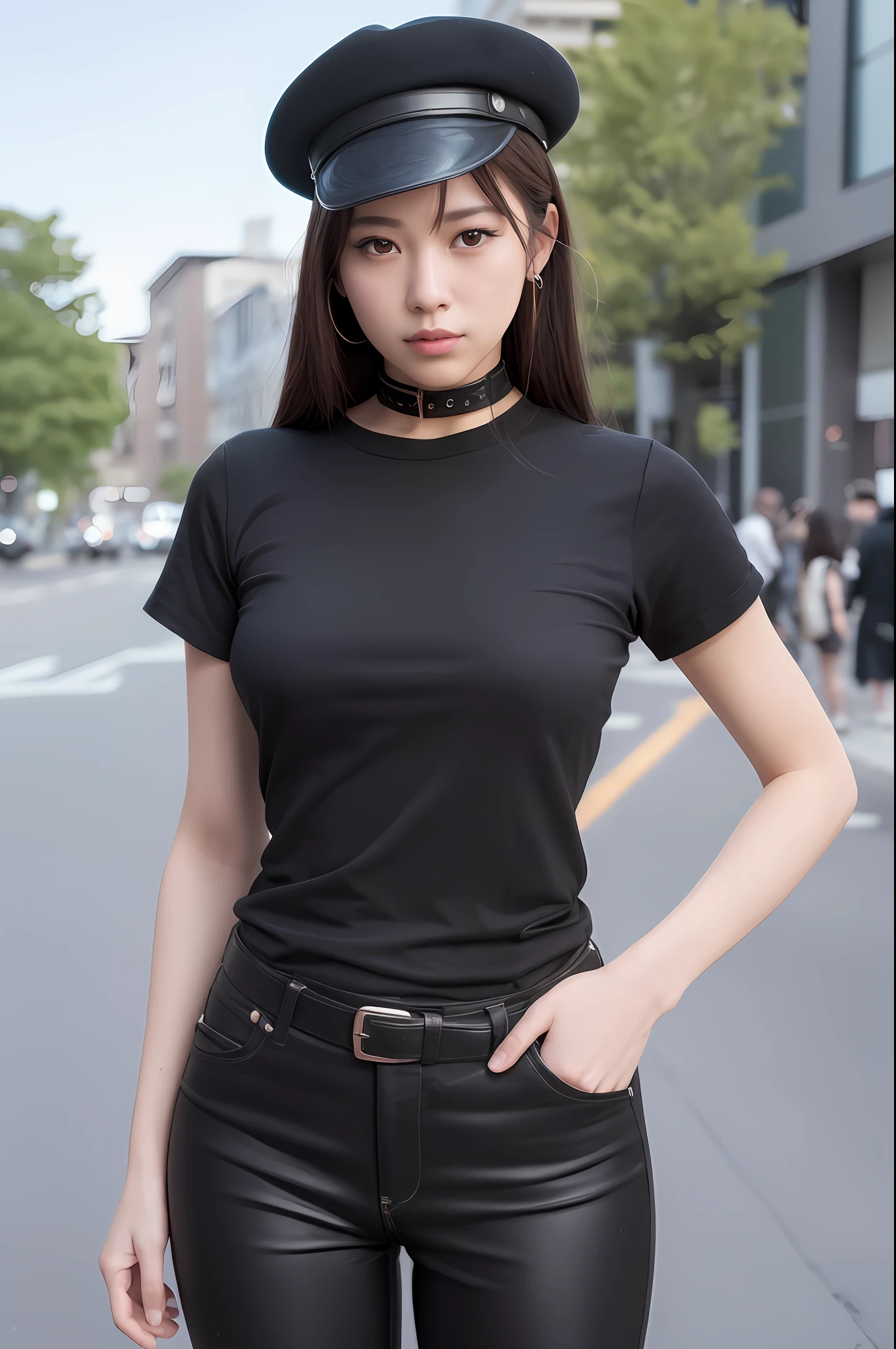 apinkhayoung, urban, streets, (day:1.1), RAW,(8k, best quality, masterpiece:1.2),(intricate details:1.4),(photorealistic:1.4),octane render, complex 3d render ultra detailed, studio soft light, rim light, vibrant details, ultra detailed, realistic skin texture, detailed face, beautiful detailed eyes, extremely detailed CG unity 8k wallpaper, makeup, (detailed background:1.2), (cowboy shot:1.2),(perfect anatomy:1.2),(wide hip:1.1),(black t-shirt, pants, choker, beret:1.2),