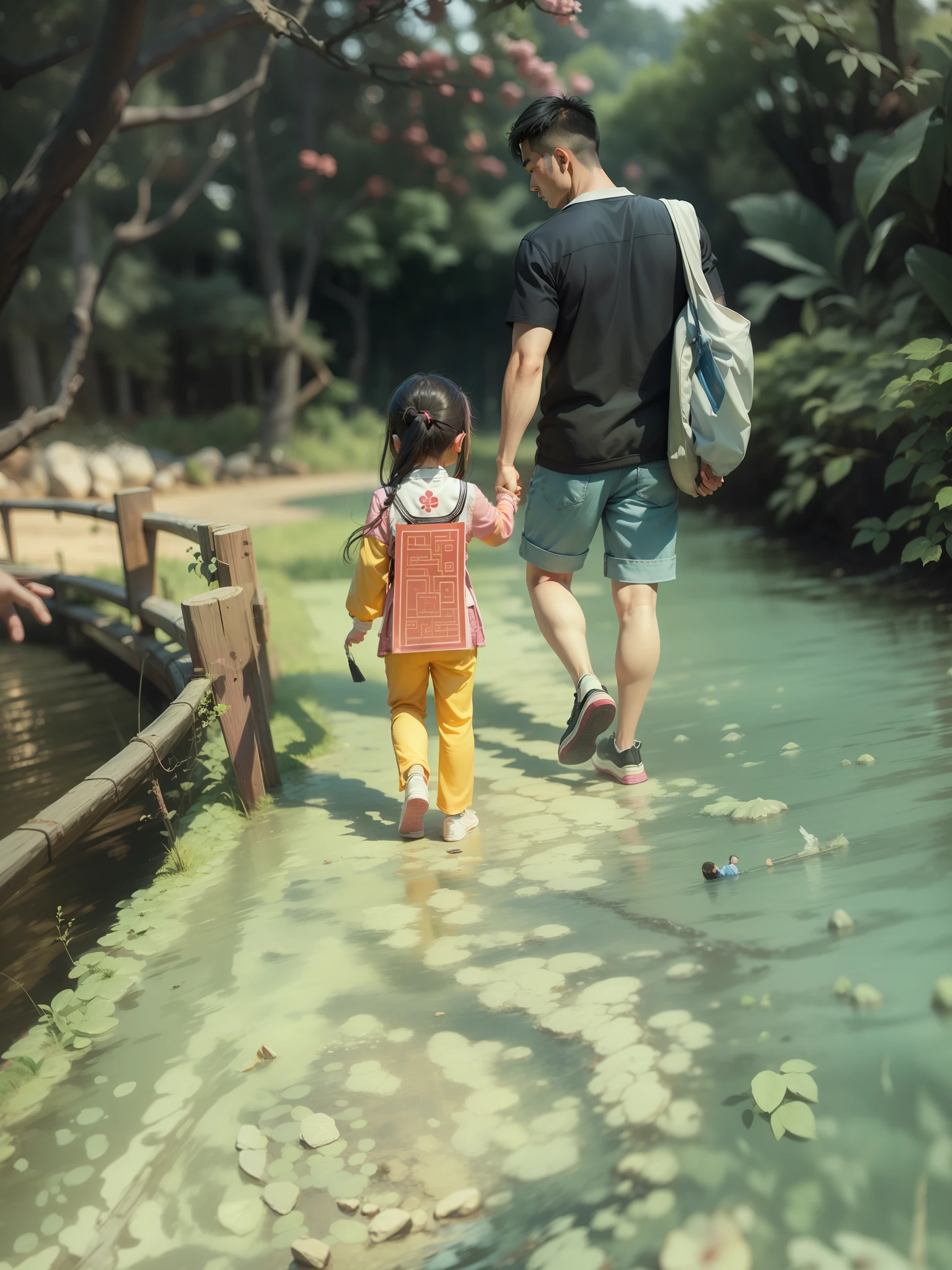 Chinese father and daughter, pink clothes, hand in hand, back, HD, warm, romanticism, cinematic lighting, first-person view, UHD, textured skin, high details, highres --auto --s2