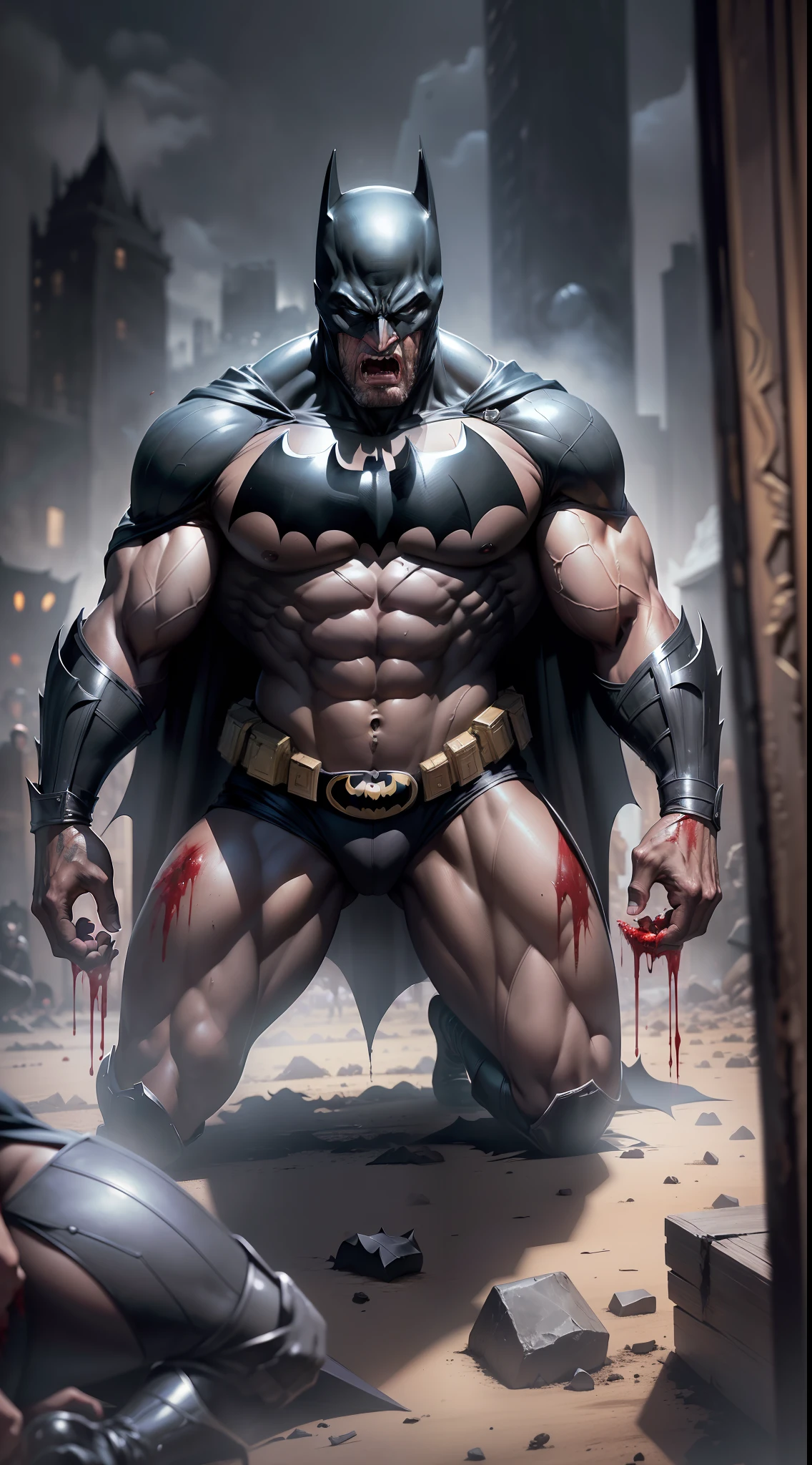 (masterpiece), best quality, an ultra-detailed  (wearing batman black uniform)and high-resolution full-body portrait of a giant, muscular Batman, characterized by his immense strength, kneeling, screaming and bloodied, (((( in the background several bodies resulting from a bloody battle))).