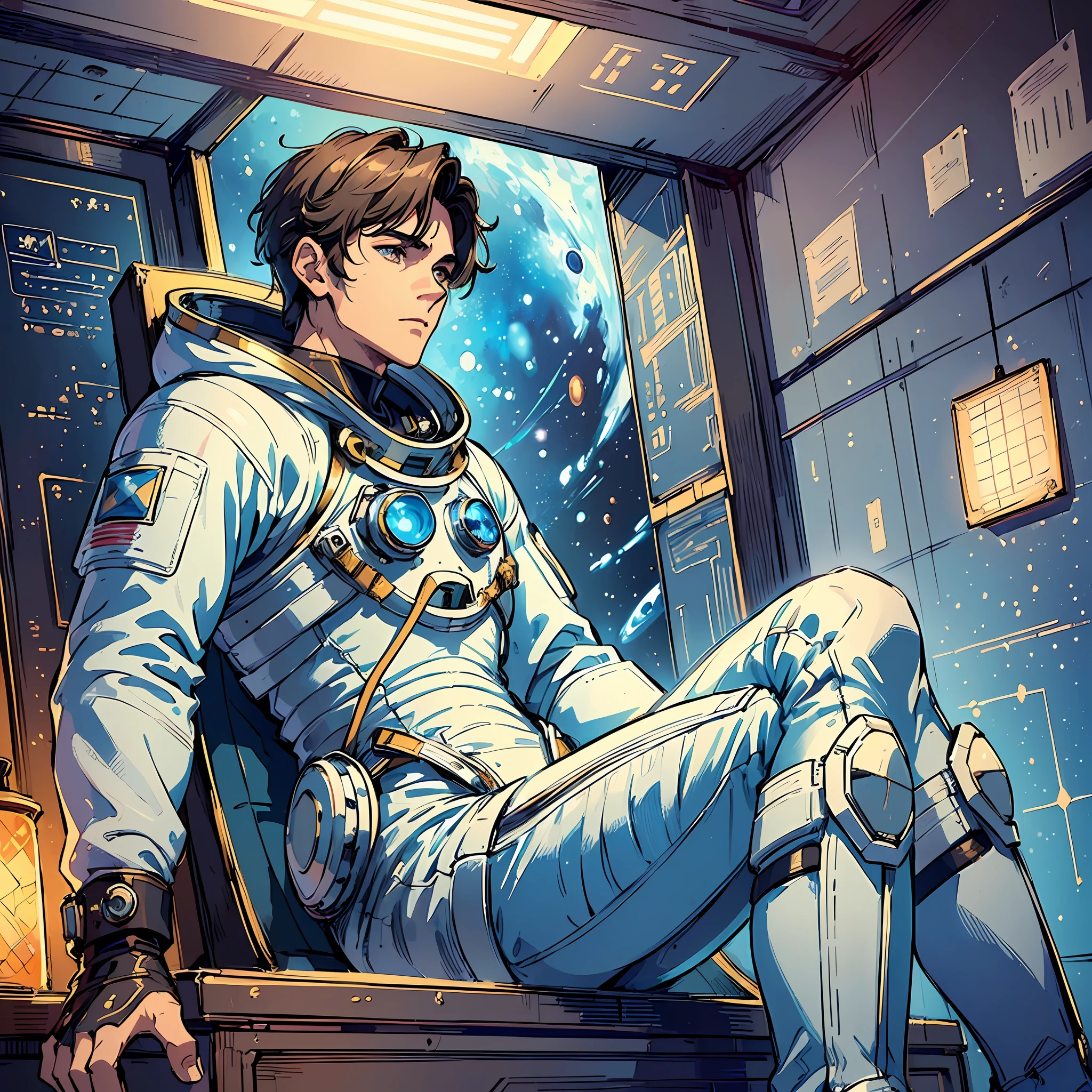 (((masterpiece))), (((best quality)))), ((ultra-detailed)), (highly detailed CG illustration), ((an extremely delicate and handsome man)),looking at the sky, cinematic light, ((space suit)), solo, full body,(sitting),expressionless, (focus on the look),science fiction,extremely detailed,colorful, reflective light, expressive brushstroke of paint --auto --s2