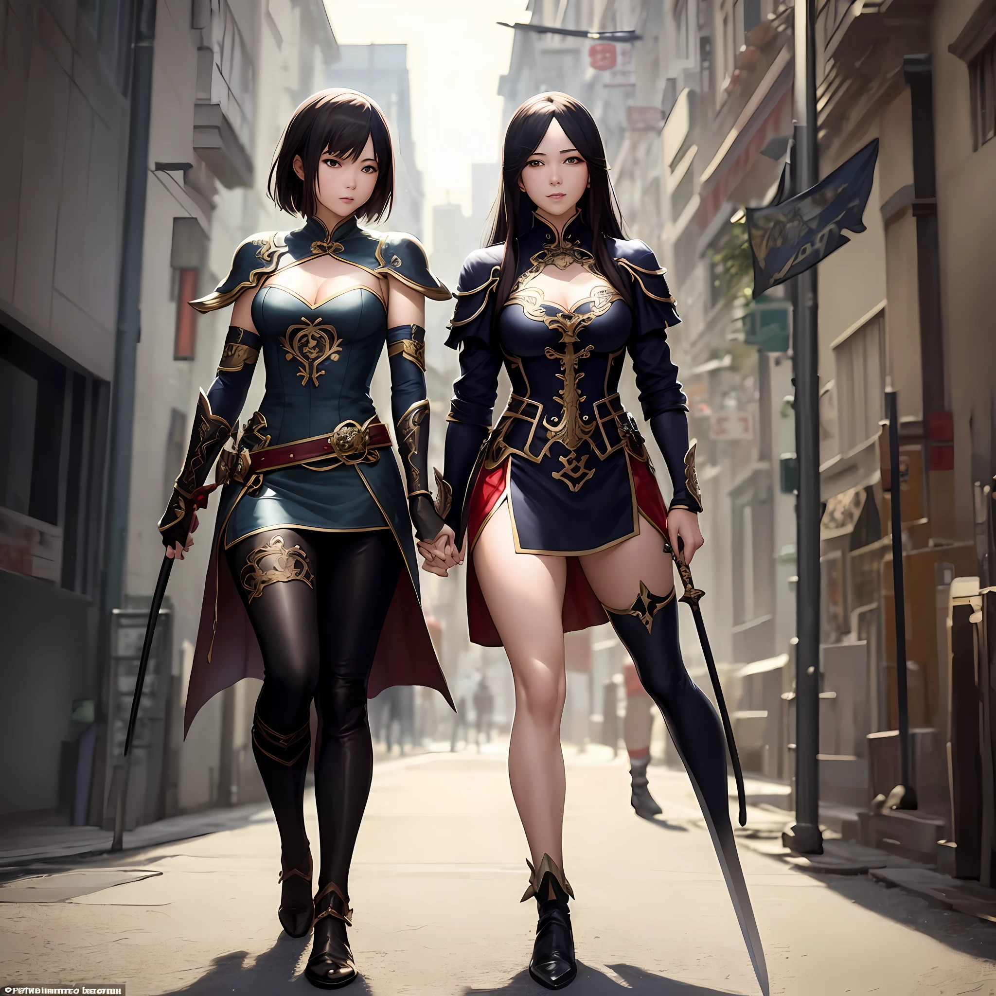two women in costumes walking down a street with swords, ruan jia and artgerm, by Yang J, artgerm and ruan jia, wlop and sakimichan, by Ren Xiong, by Leng Mei, nixeu and sakimichan, range murata and artgerm, wlop and artgerm, ornate cosplay
