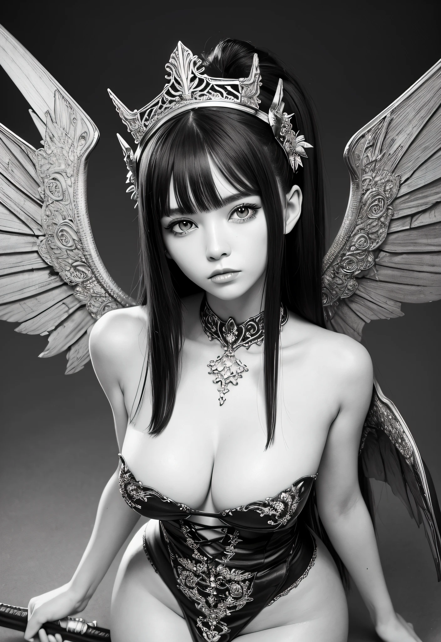 [monochrome:muted color:0.6] theme, (masterpiece), (best quality), (detailed), light layer, lustrous skin, (intricate detailed , taut clothes, , demon wings,hair ornament :1.2), from above, black hair, black choker, long hair, hime cut, blunt bangs, sidelocks, red eyes, holding quarterstaff,holding scythe,holding sword, (mature female:1.1), (lactation), side-ponytails BREAK (simple background:1.1),