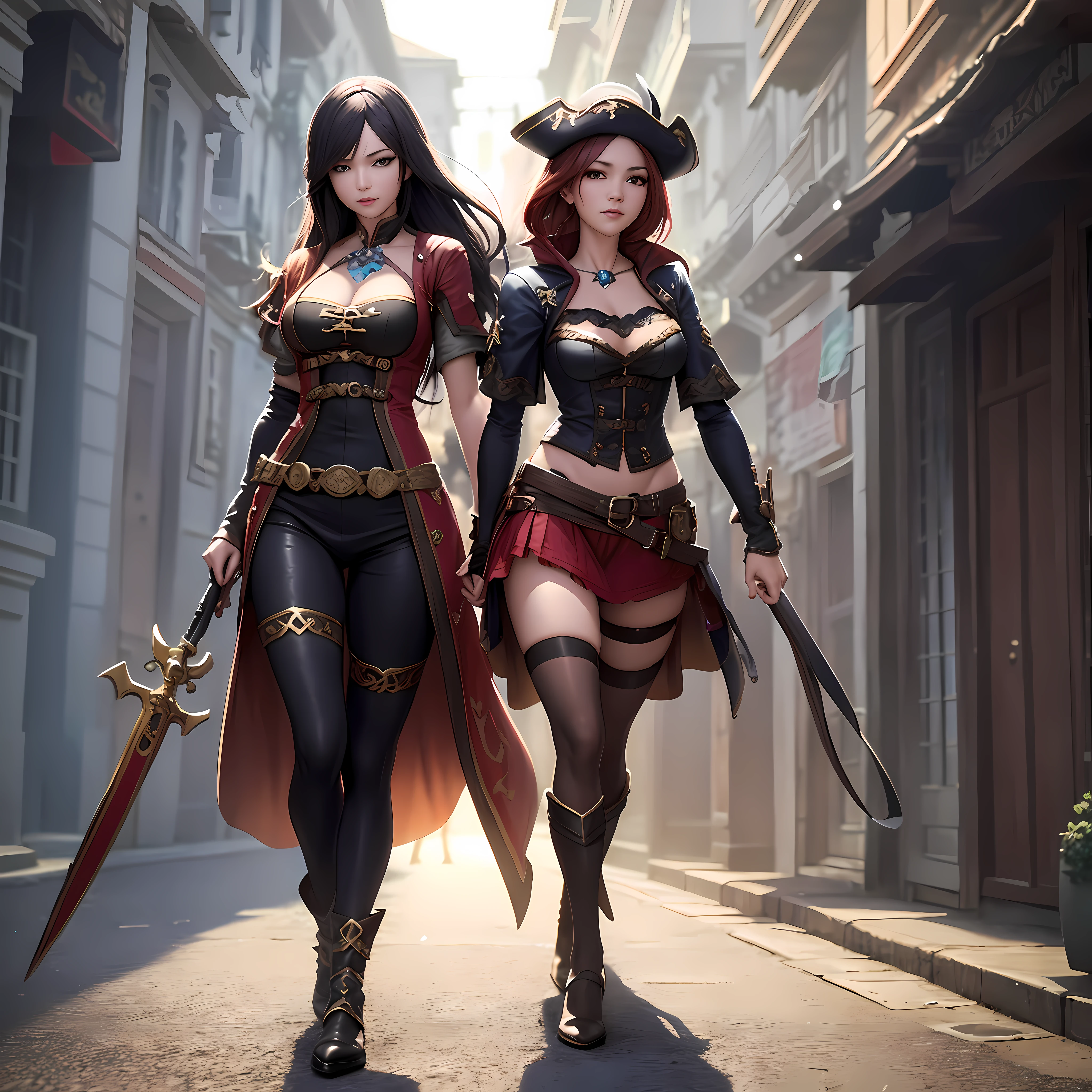 Two women dressed in pirate costumes walking down a street, fantasy style (octane render), wlop and sakimichan, 2. 5 D CGI Anime Fantasy Artwork, 3 D Render Character Art 8 K, Wlop and Ross Tran, Ruan Jia and Artgerm, Chengwei Pan on Artstation, Realistic Fantasy Rendering, Wlop and Artgerm, Villages, with weapons,