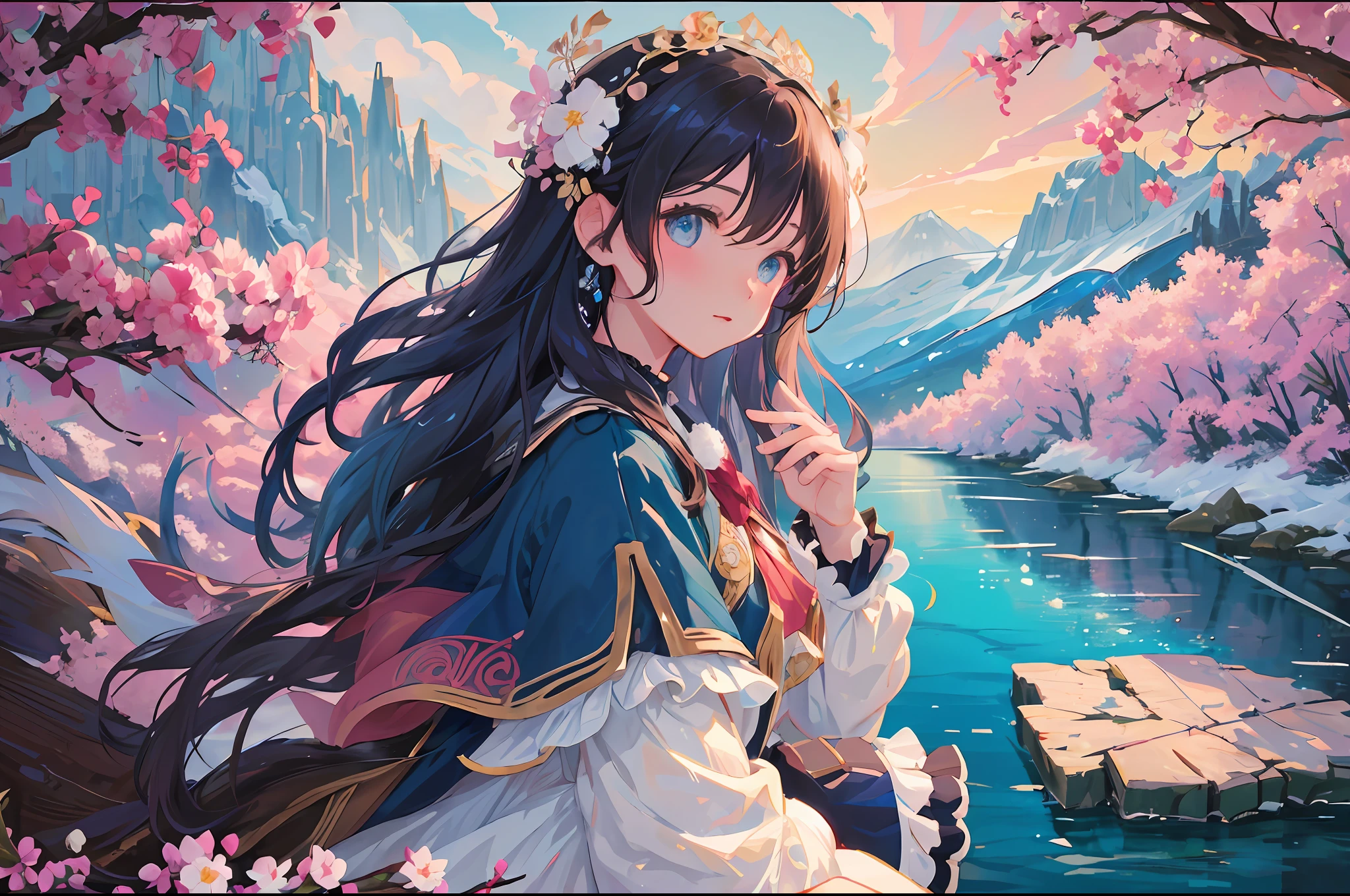 (1girl:1.2), slight blush, hands down, wavy hair, long hair, fluffy hair, black hair, ice blue eyes, sakura tree, hair flower, capelet, lace trim, bodice, wind, winter, mountain range, mountain sitting near mountain, detailed water, sparkling eyes, light smile, peaceful, extremely detailed, depth of field, cinematic lighting, Ghibli-like colours, high detail, scenery, high place, horizon, wind, wind blow, looking at viewer,  lolita clothes, 8k, standing on wooden bridge, bokeh, from side, award winning, (masterpiece:1.2), best quality, anatomically correct, perfect hands