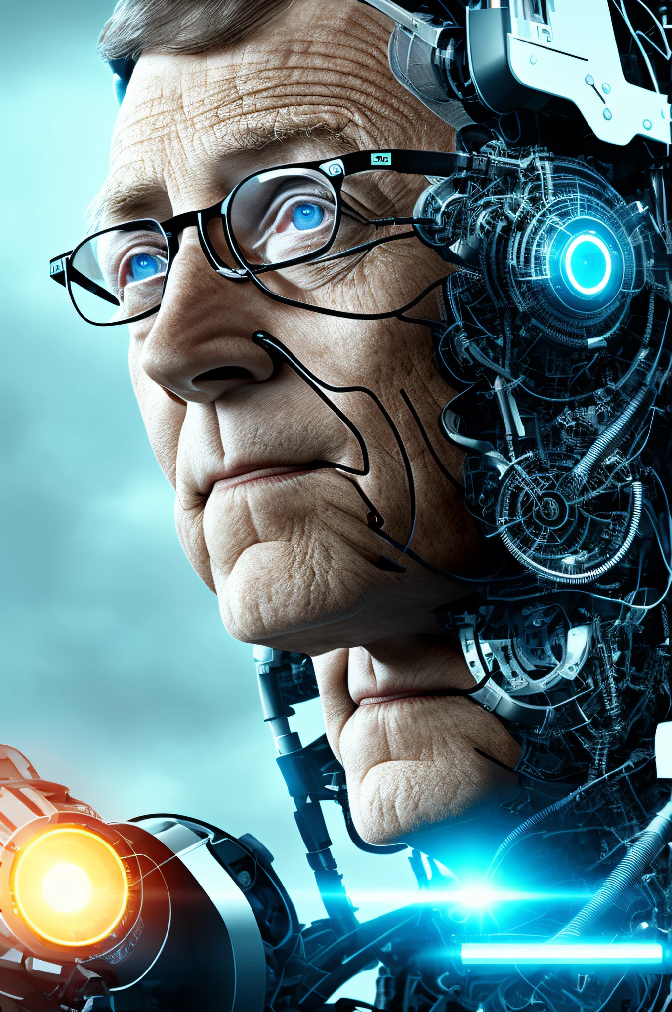Bill Gates as a full-body cyborg| no duplicate | Full Body Portrait| detailed face| symmetrical| steampunk| cyberpunk| cyborg | intricate detailed| scalar| hyperrealistic| cinematographic lighting| digital art| concept art| Style MDJRNY-V4
