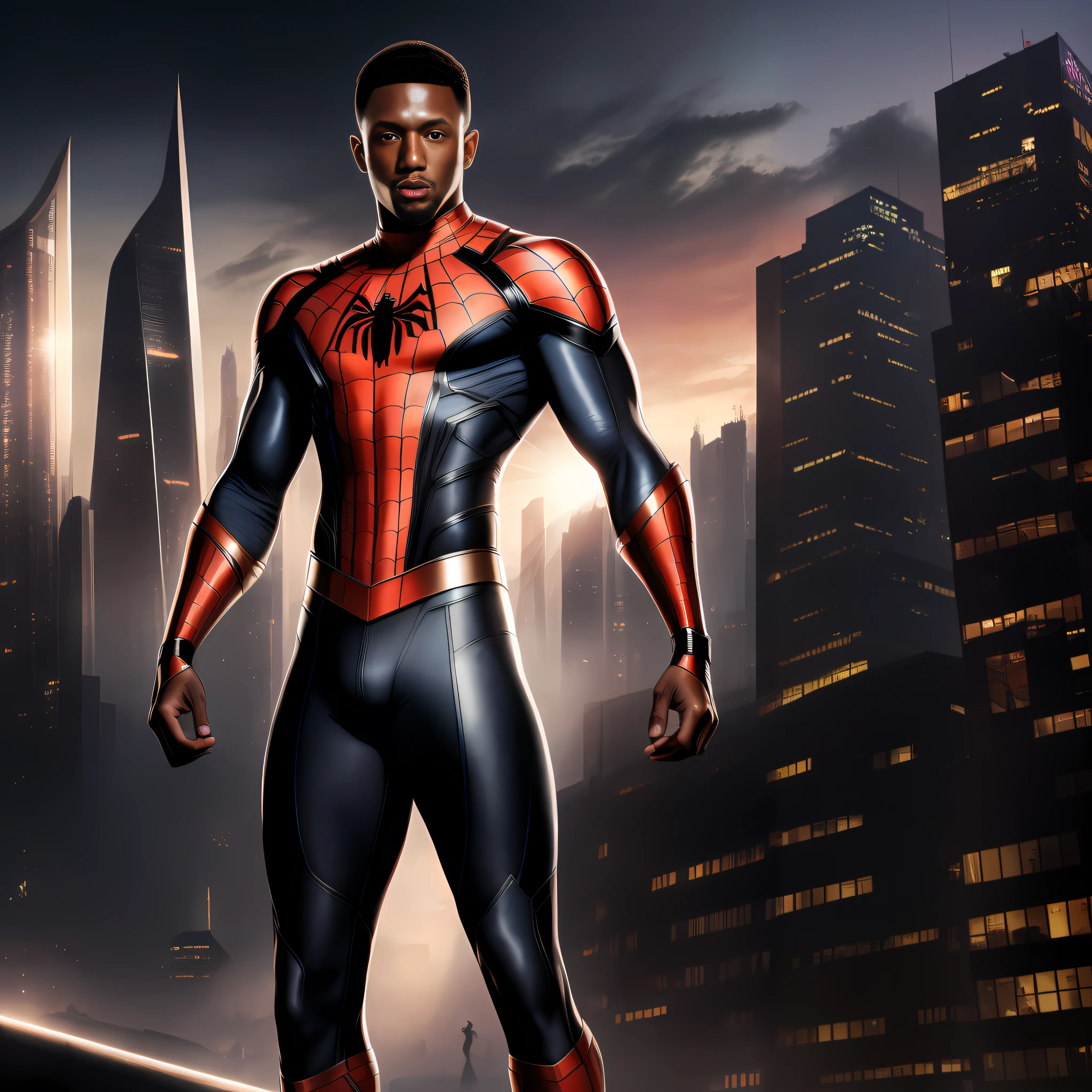 spider - man in a suit standing on a rooftop overlooking a city, miles morales, miles morales!!!, futuristic style spiderman, donald glover as miles morales, official concept art, peter parker, portrait of spiderman, hero pose colorful city lighting, peter parker as spiderman, spider-man, spider - man, official art, fan art, spiderverse, dwayne johnson as spiderman