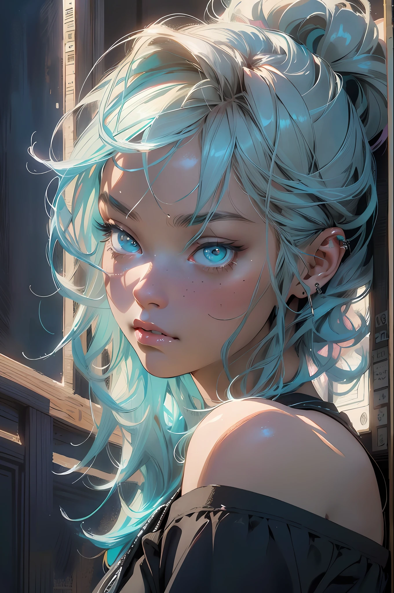 melancholy, quiet, calm, bright, masterpiece, best quality, 1girl, (JinxLol:1.2), (ultra photorealistic:1.3), (masterpiece:1.4), best quality, ((realistic)), high quality, ultra detailed, ((real image)), ((realistic skin)), ((realistic face)),(illustration:1.05), (beautiful:1.05), (beautiful detailed eyes:1.05), (cinematic light:1.1), turquoise blue detaches, full body