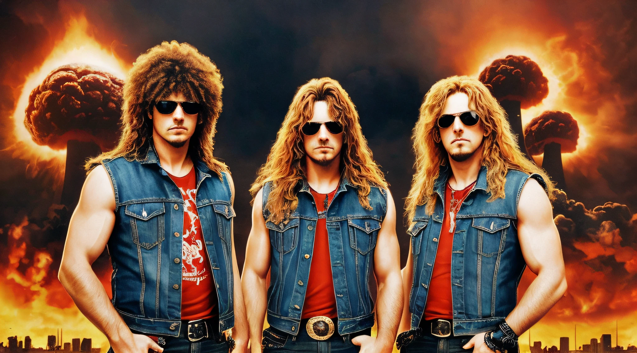 3 boys in SLEEVELESS DENIM JACKET clothes and jeans with bullet belt standing in front of a big explosion, closeup, portrait style, hellish, LIGHTNING, Heavy metal promo band, Thrash metal, Heavy Rock promo band photo, Arch Enemy, Burning in Hell, New Wave of British Heavy Metal, Long Blonde Flaming Hair, Heavy Metal The Movie, Destruction, Slayer, 2 0 0 6 Advertising Promo Shot, Proto - Metal Band Promo, Megadeth, death metal, Nuclear explosion over a city with a large mushroom cloud, nuclear bomb explosion, nuclear bomb explosion, nuclear explosion, nuclear mushroom cloud, nuclear attack, nuclear apocalypse, mushroom cloud on the horizon, huge nuclear mushroom cloud, nuclear explosion background, nuclear cloud, nuclear bomb, nuclear explosion on the horizon, nuclear explosions paint the sky, nuclear war, mushroom cloud on RED background