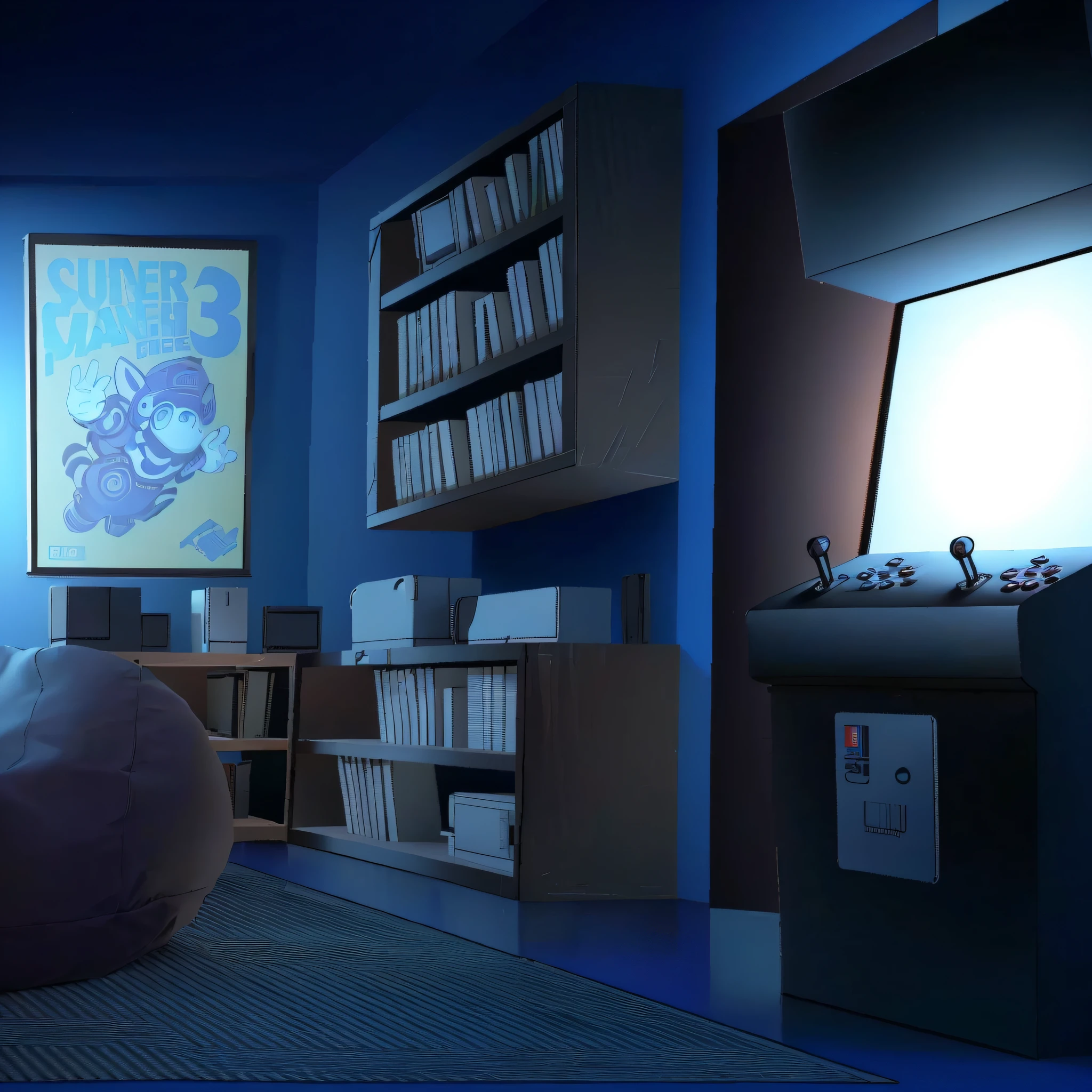 there is a large bean bag chair in a room with a painting on the wall, 3 d videogame render, videogame 3d render, video game render, videogame render, personal room background, video game digital art, super detailed render, detailed lighting and textures, rendered lighting, highly detailed soft lighting, video game fanart, claustrophobic room, interior background art