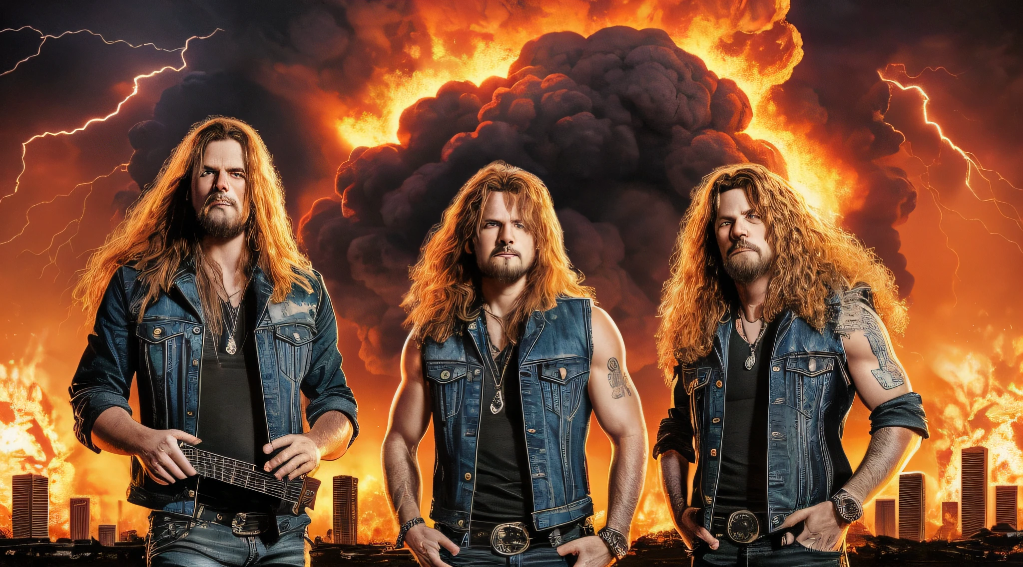 3 boys in SLEEVELESS DENIM JACKET clothes and jeans with bullet belt standing in front of a big explosion, closeup, portrait style, hellish, LIGHTNING, Heavy metal promo band, Thrash metal, Heavy Rock promo band photo, Arch Enemy, Burning in Hell, New Wave of British Heavy Metal, Long Blonde Flaming Hair,  Heavy Metal The Movie, Destruction, Slayer, 2 0 0 6 Advertising Promo Shot, Proto - Metal Band Promo, Megadeth, death metal, Nuclear explosion over a city with a large mushroom cloud, nuclear bomb explosion, nuclear bomb explosion, nuclear explosion, nuclear mushroom cloud, nuclear attack, nuclear apocalypse, mushroom cloud on the horizon, huge nuclear mushroom cloud,  nuclear explosion background, nuclear cloud, nuclear bomb, nuclear explosion on the horizon, nuclear explosions paint the sky, nuclear war, mushroom cloud on RED background