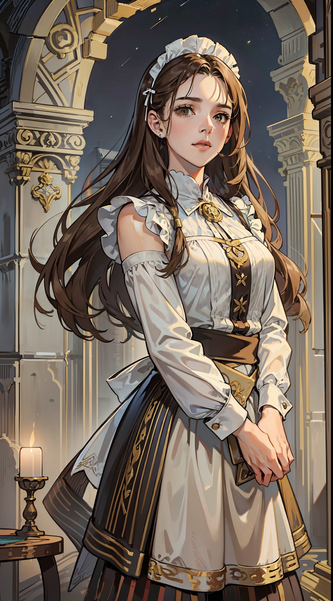 (8k, RAW photo, best quality, masterpiece: 1.2), (realistic, photorealistic: 1.37), (1GIRL) long wavy brown hair, (((middle stripe))) (((NO SKIN))) (((/dull brown eyes/))), calm expression, closed mouth, malancholic look, (antique, covered and simple maid's clothes), (((NOT NSFW))) church background, (((night))) moonlight, fantastic atmosphere, beautiful lights, perfect and detailed face, beautiful and melancholy face, young woman of 20 years, (((FULL BODY)))