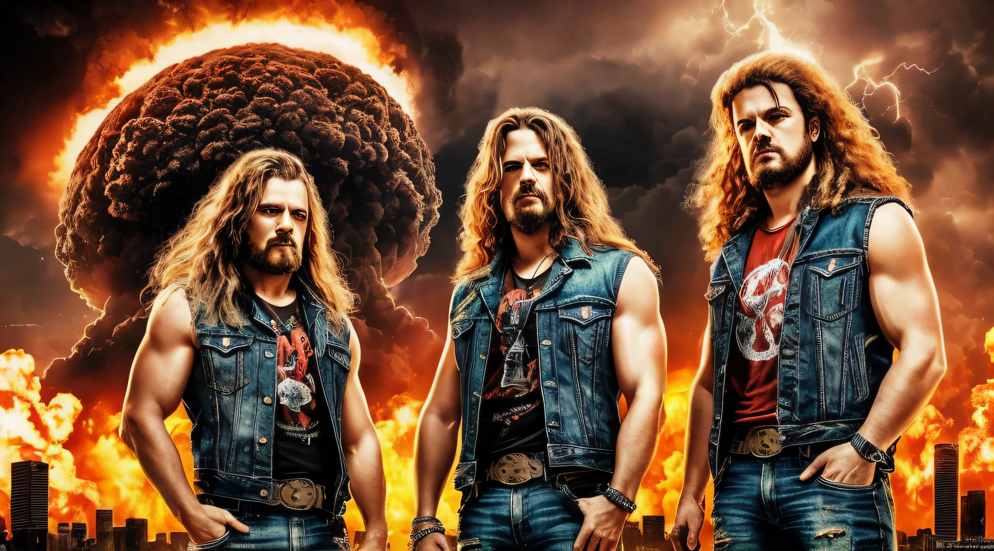 3 boys in SLEEVELESS DENIM JACKET clothes and jeans with bullet belt standing in front of a big explosion, closeup, portrait style, hellish, LIGHTNING, Heavy metal promo band, Thrash metal, Heavy Rock promo band photo, Arch Enemy, Burning in Hell, New Wave of British Heavy Metal, Long Blonde Flaming Hair, Heavy Metal The Movie, Destruction, Slayer, 2 0 0 6 Advertising Promo Shot, Proto - Metal Band Promo, Megadeth, death metal, Nuclear explosion over a city with a large mushroom cloud, nuclear bomb explosion, nuclear bomb explosion, nuclear explosion, nuclear mushroom cloud, nuclear attack, nuclear apocalypse, mushroom cloud on the horizon, huge nuclear mushroom cloud, nuclear explosion background, nuclear cloud, nuclear bomb, nuclear explosion on the horizon, nuclear explosions paint the sky, nuclear war, mushroom cloud on RED background