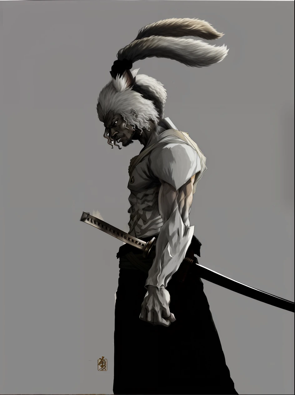 a drawing of a man with a sword and a rabbit head, afro samurai style, afro samurai anime style, afro samurai animes style, urban samurai, afro samurai manga style, samurai style, demon samurai, samurai, great character design, inspired by Heinrich Kley, by Tetsugoro Yorozu, miyamoto musashi, samurai portrait